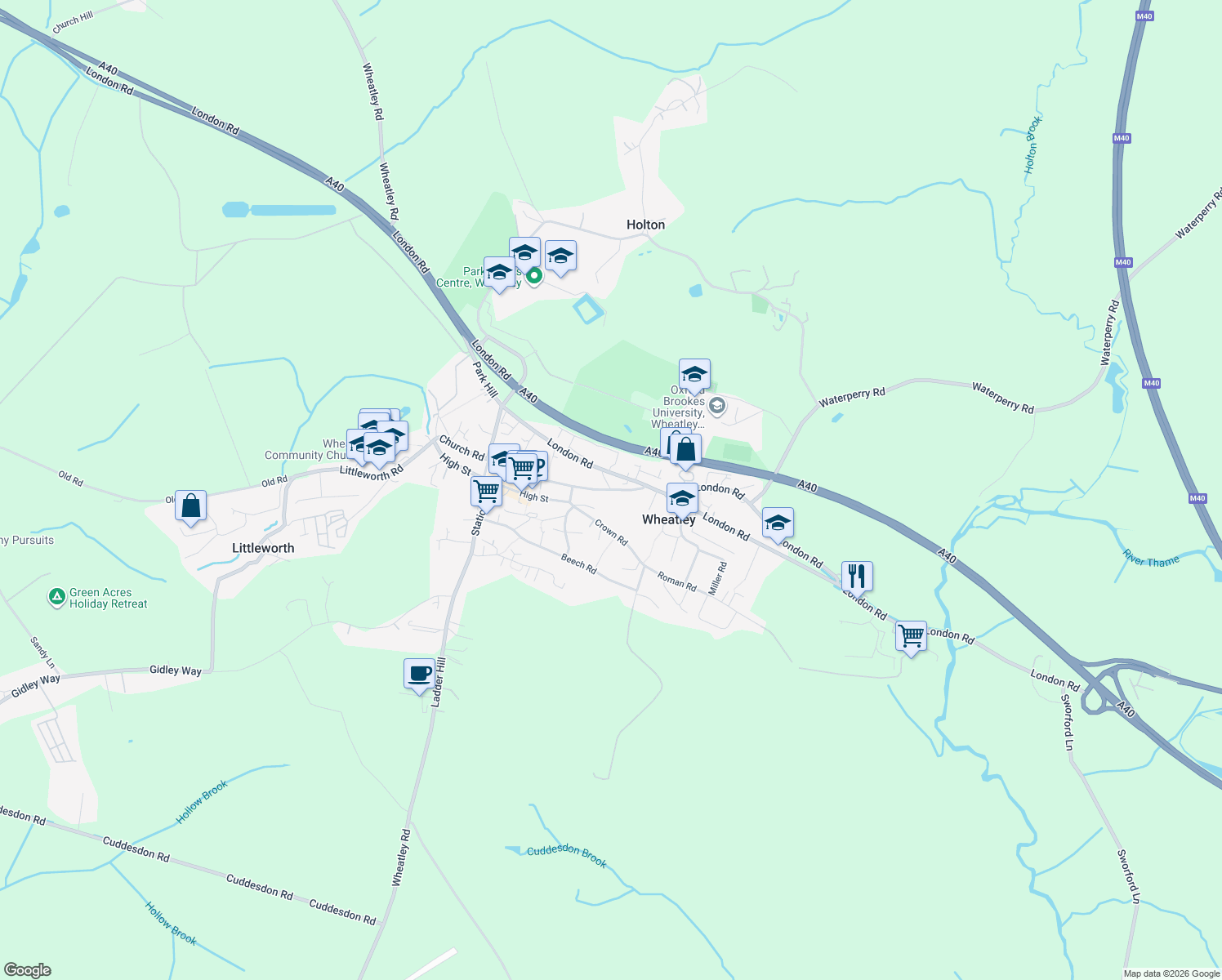map of restaurants, bars, coffee shops, grocery stores, and more near 114 National Cycle Route 57 in Wheatley