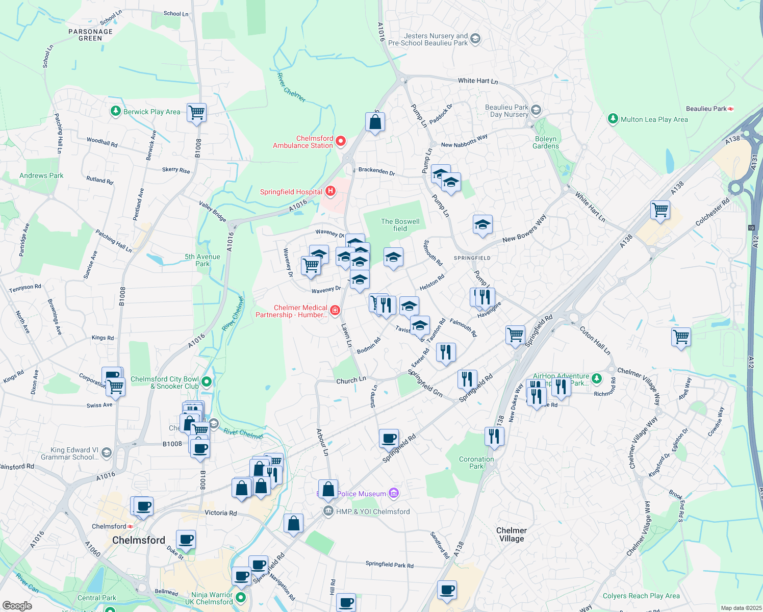 map of restaurants, bars, coffee shops, grocery stores, and more near 12 Burnham Road in Essex