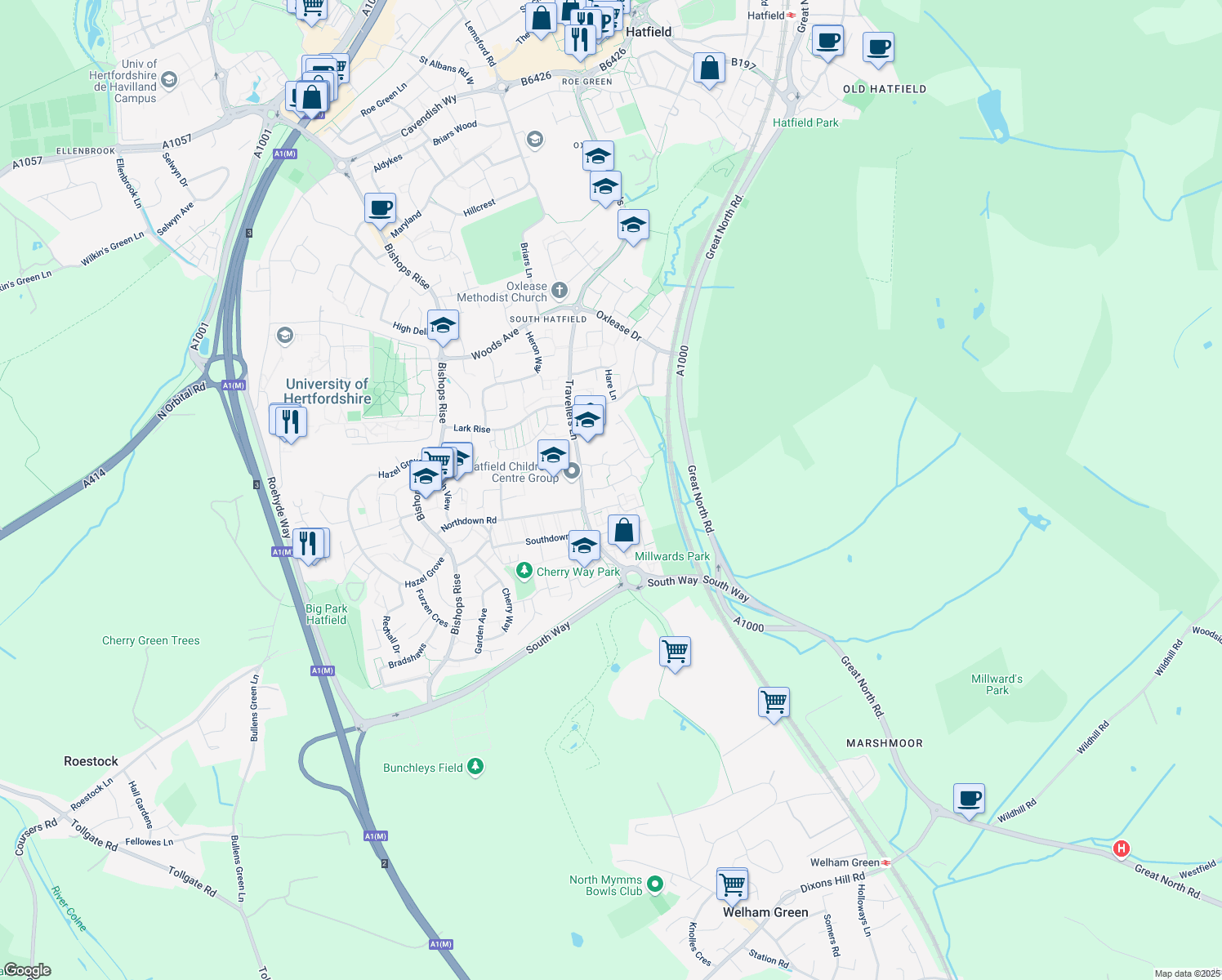 map of restaurants, bars, coffee shops, grocery stores, and more near 2 Hamilton Court in Hertfordshire