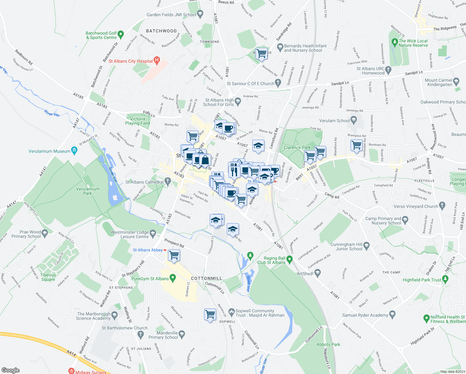 map of restaurants, bars, coffee shops, grocery stores, and more near 48 Milliner's Court in Hertfordshire