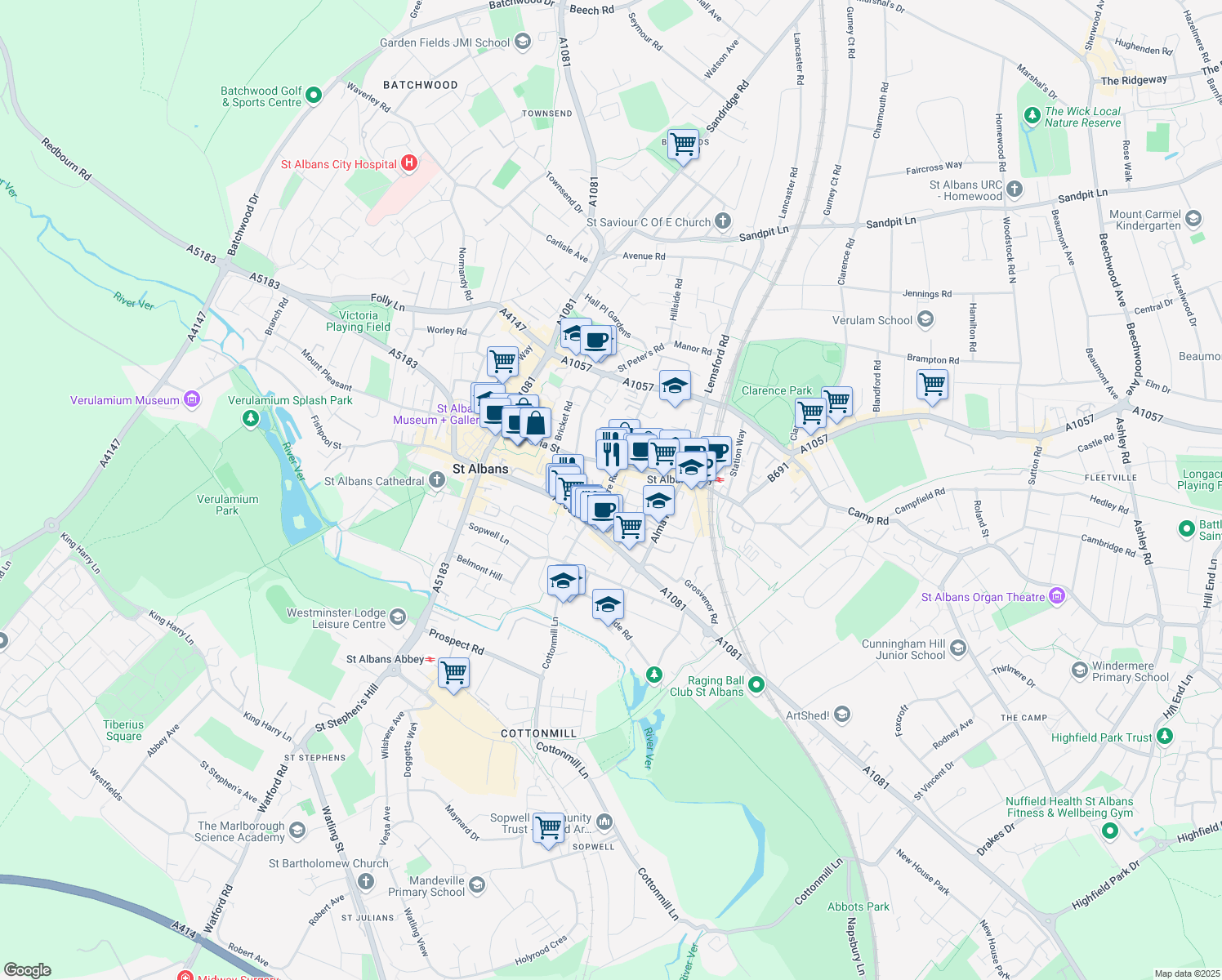 map of restaurants, bars, coffee shops, grocery stores, and more near 54 Lattimore Road in Hertfordshire