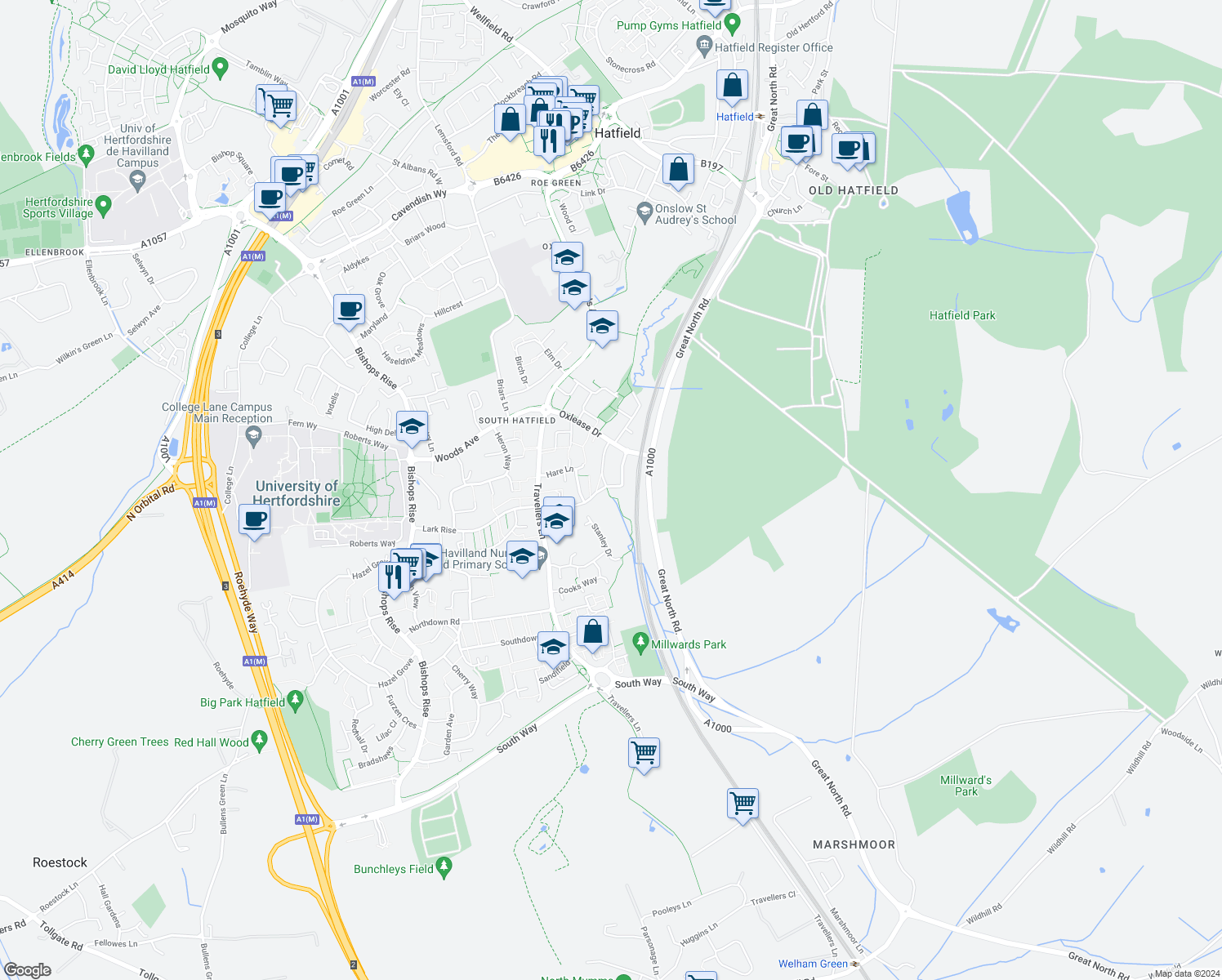 map of restaurants, bars, coffee shops, grocery stores, and more near 41 Badger Way in Hertfordshire