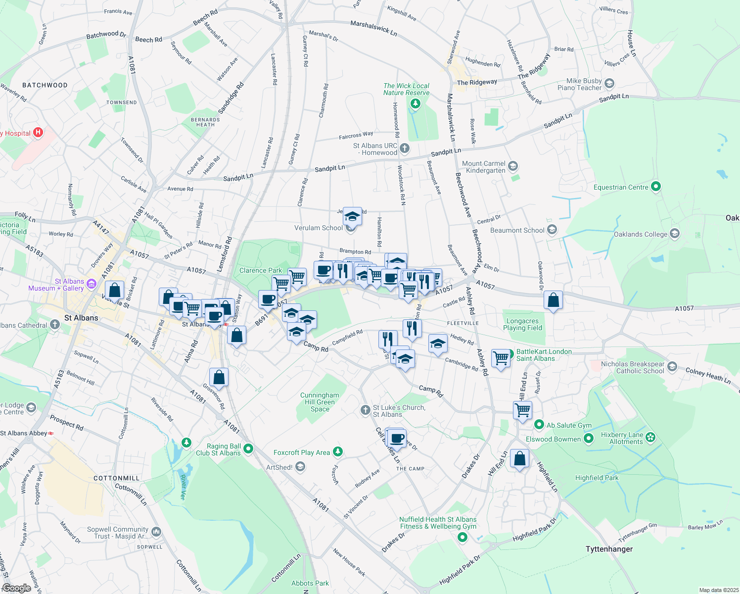 map of restaurants, bars, coffee shops, grocery stores, and more near 228 Hatfield Road in Hertfordshire