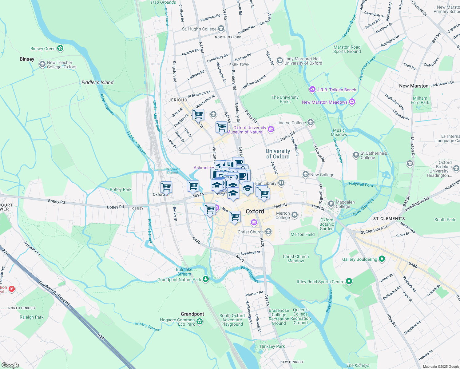 map of restaurants, bars, coffee shops, grocery stores, and more near Gloucester Street in Oxford
