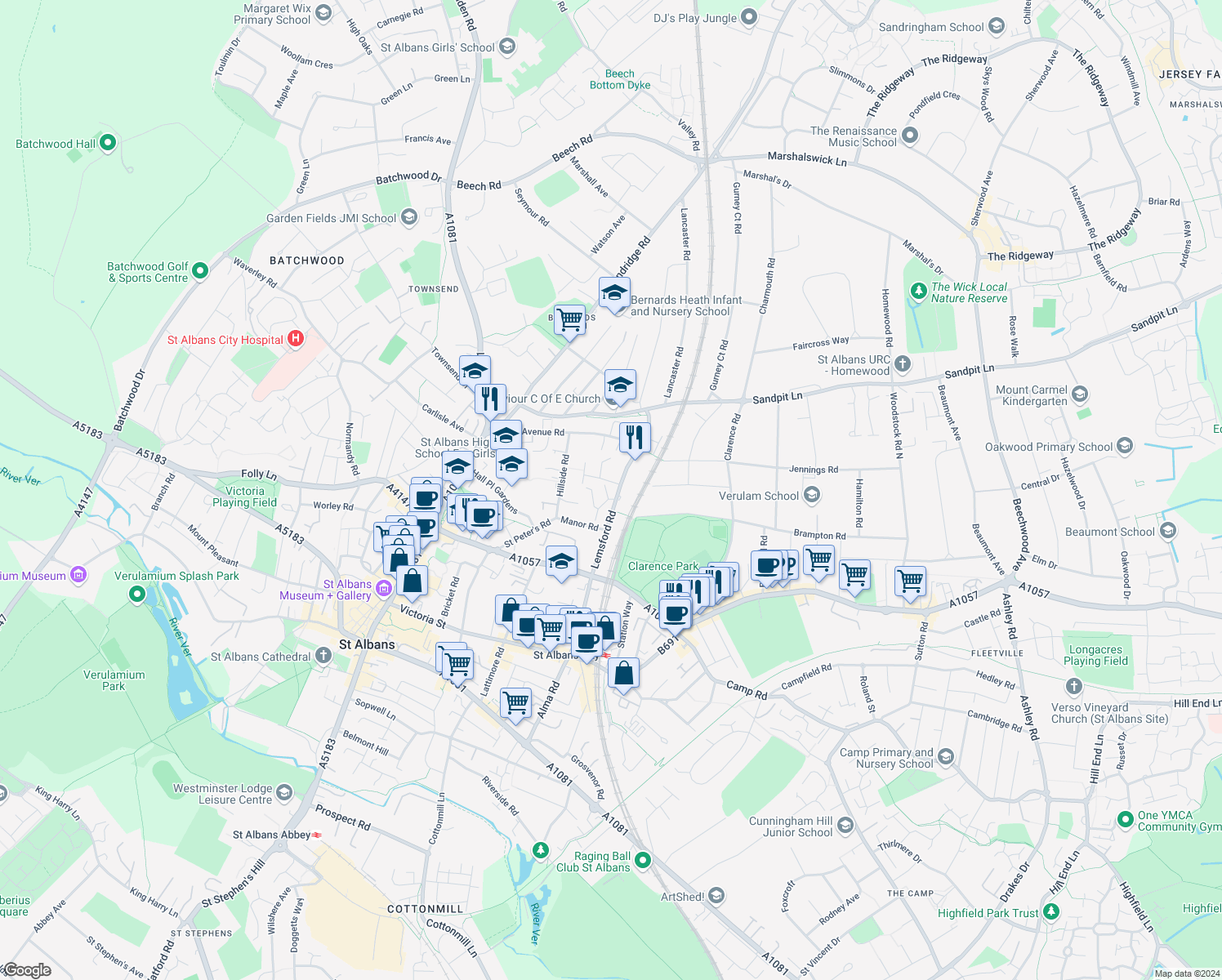map of restaurants, bars, coffee shops, grocery stores, and more near 11 Thirlestane in Hertfordshire