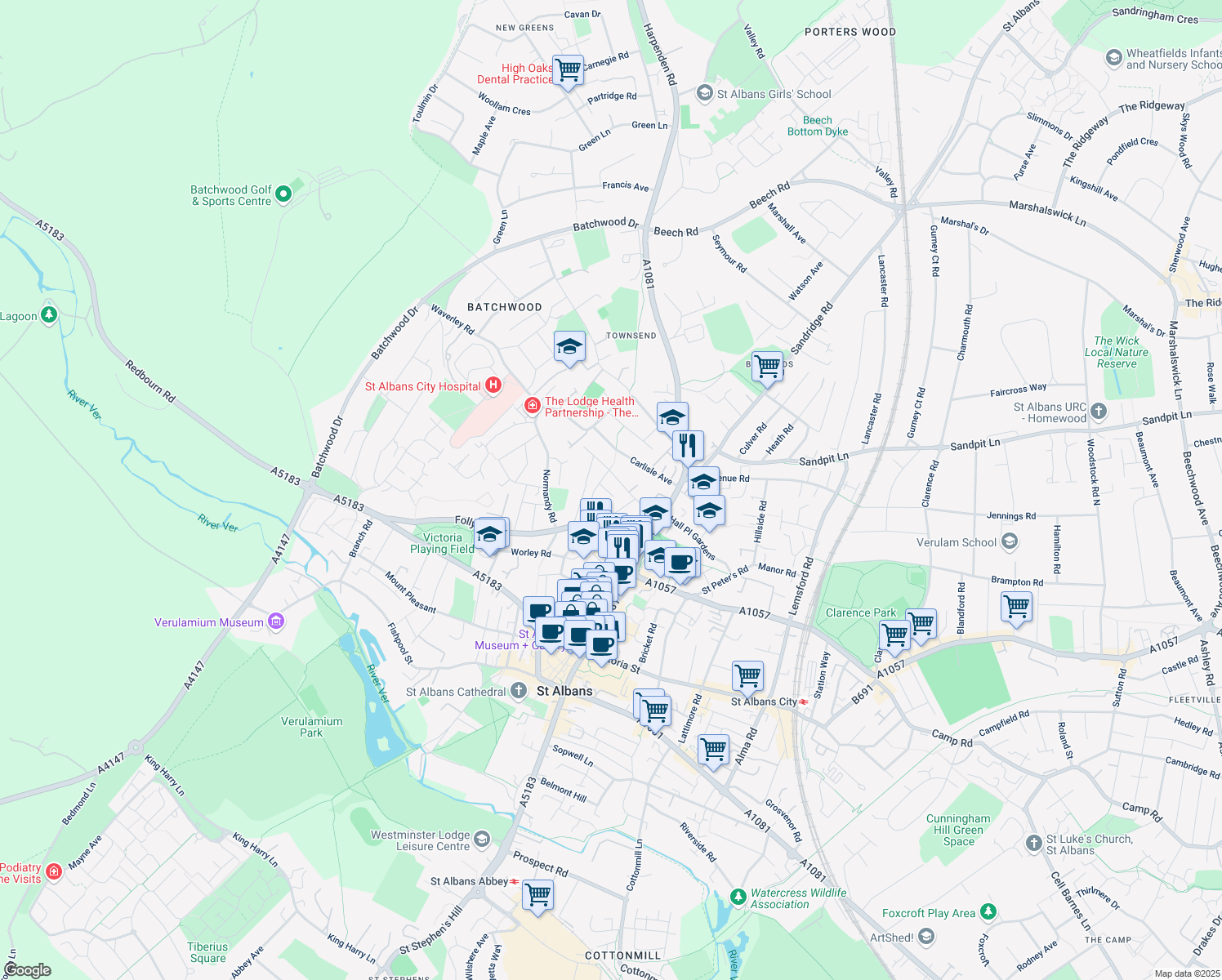 map of restaurants, bars, coffee shops, grocery stores, and more near 52 Bernard Street in Hertfordshire