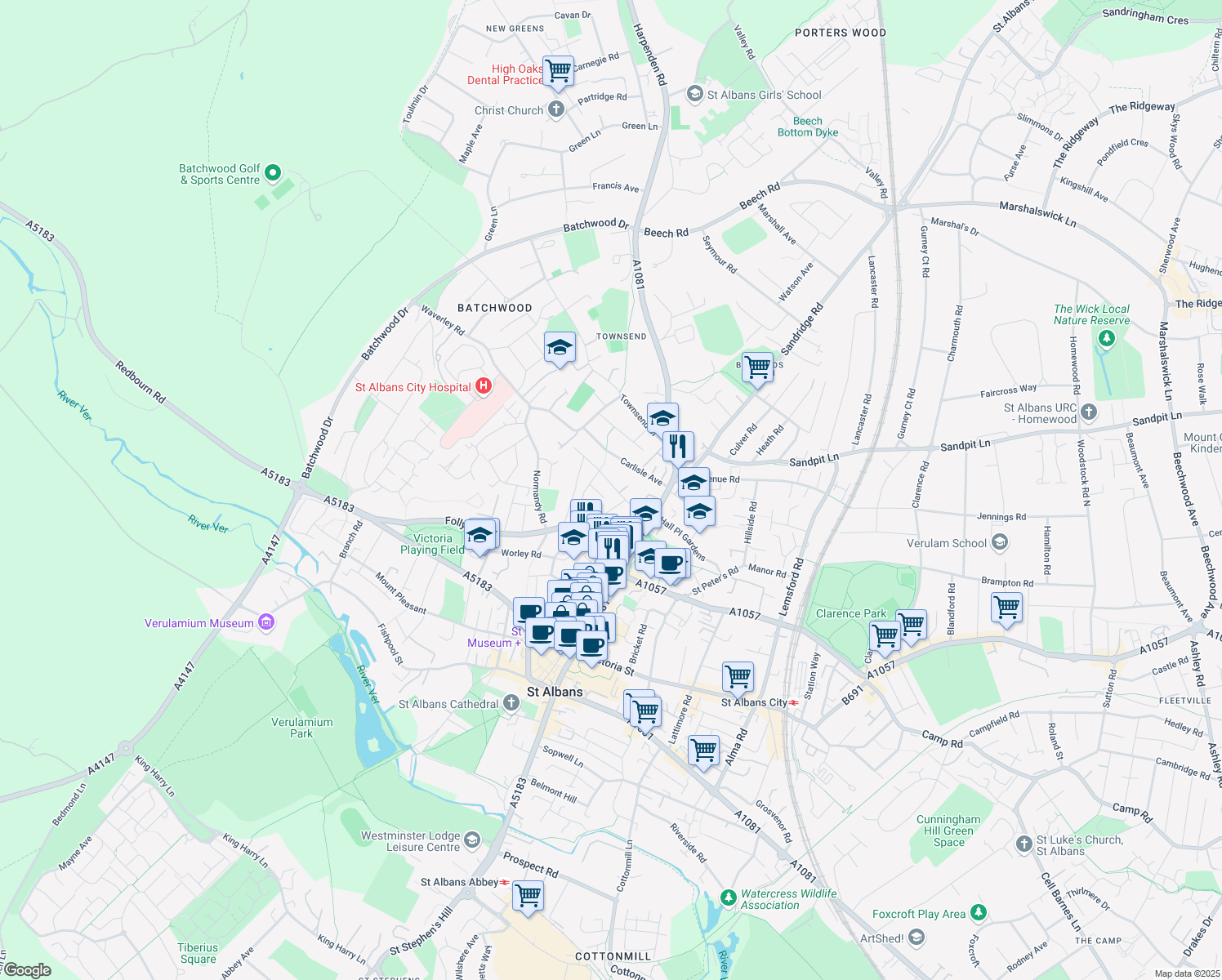map of restaurants, bars, coffee shops, grocery stores, and more near 52 Bernard Street in Hertfordshire