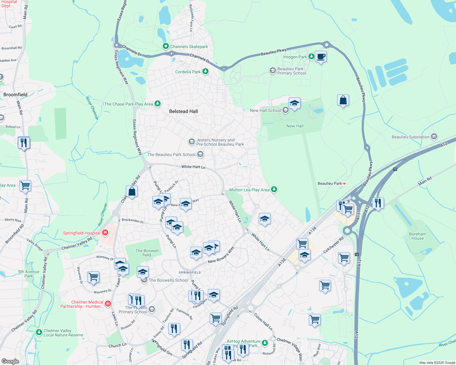 map of restaurants, bars, coffee shops, grocery stores, and more near 14 Albemarle Link in Essex