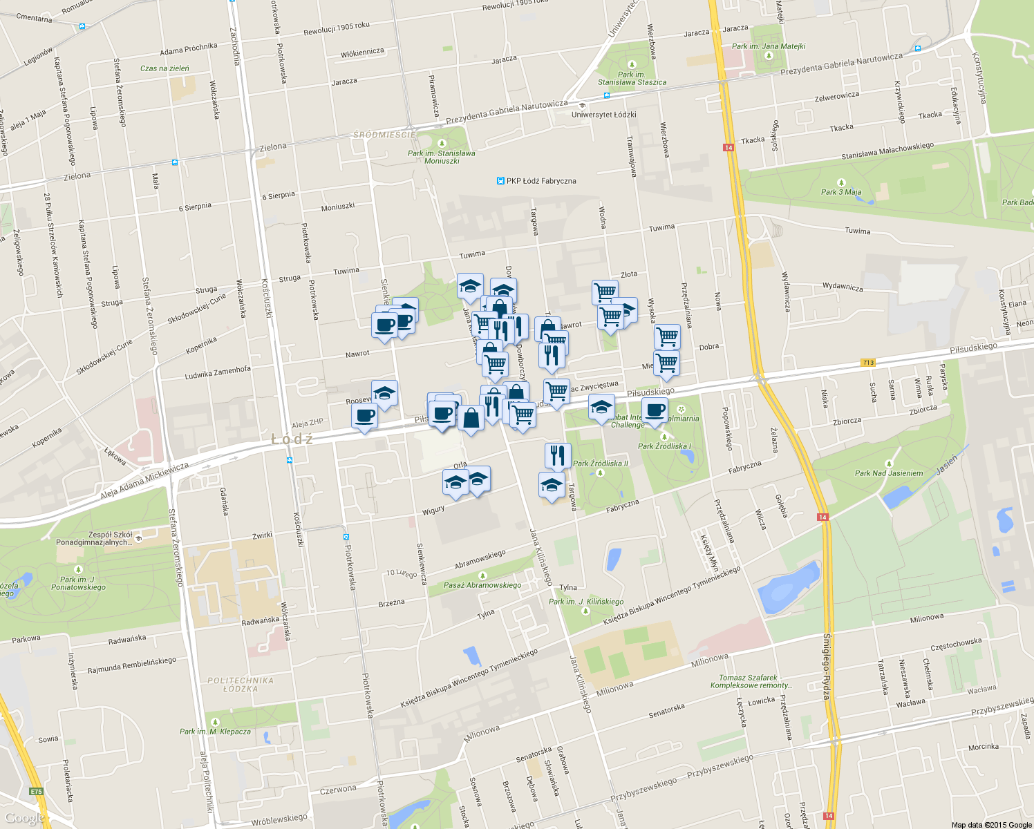 map of restaurants, bars, coffee shops, grocery stores, and more near 40 Piłsudskiego in Łódź
