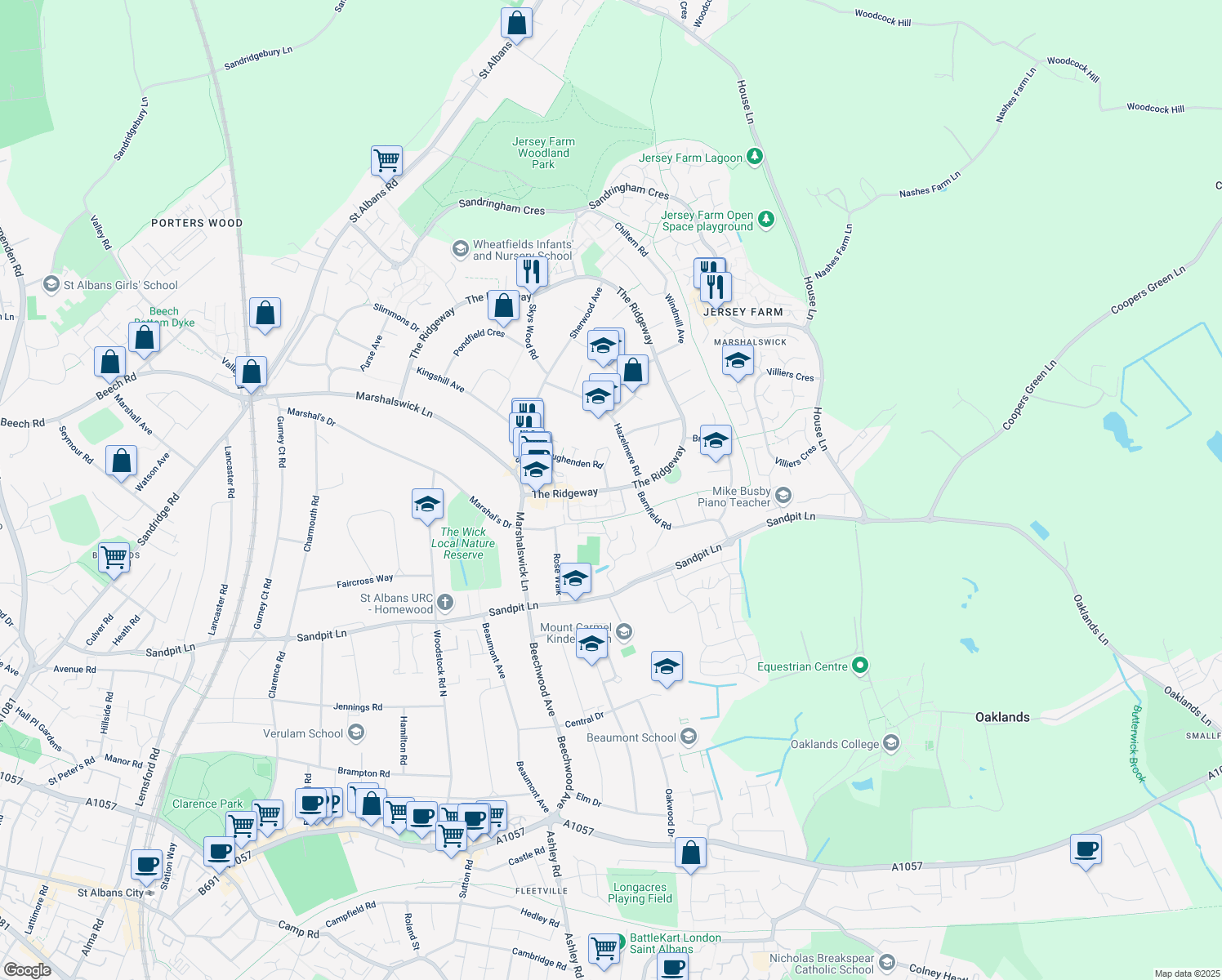 map of restaurants, bars, coffee shops, grocery stores, and more near 315 The Ridgeway in Hertfordshire