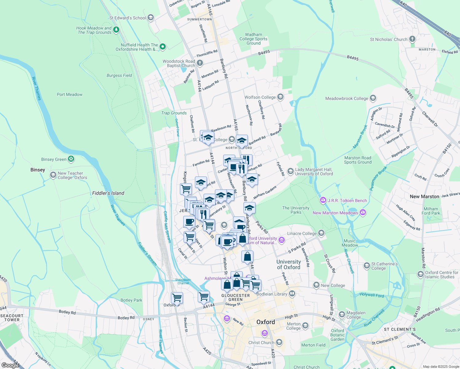 map of restaurants, bars, coffee shops, grocery stores, and more near 62 Woodstock Road in Oxfordshire
