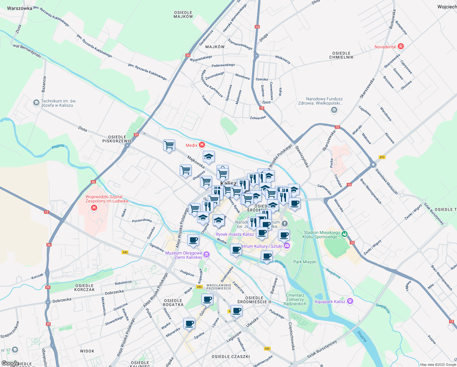 map of restaurants, bars, coffee shops, grocery stores, and more near in Kalisz