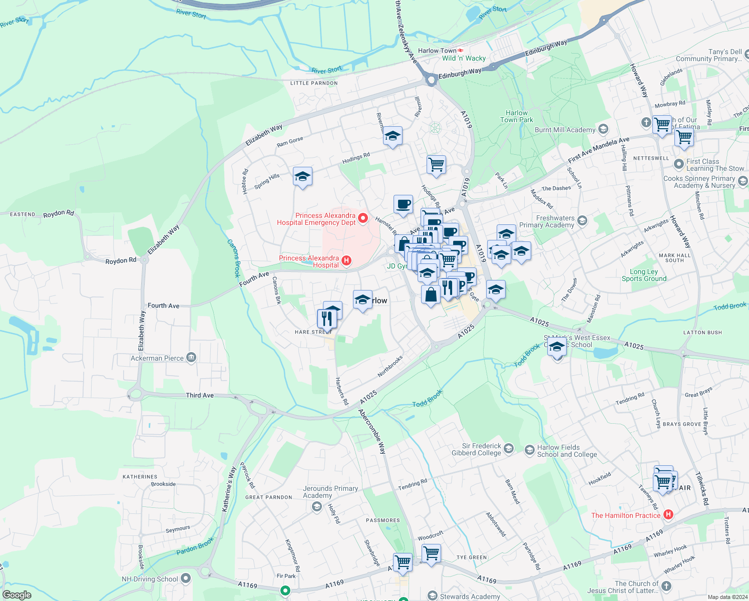 map of restaurants, bars, coffee shops, grocery stores, and more near in Harlow