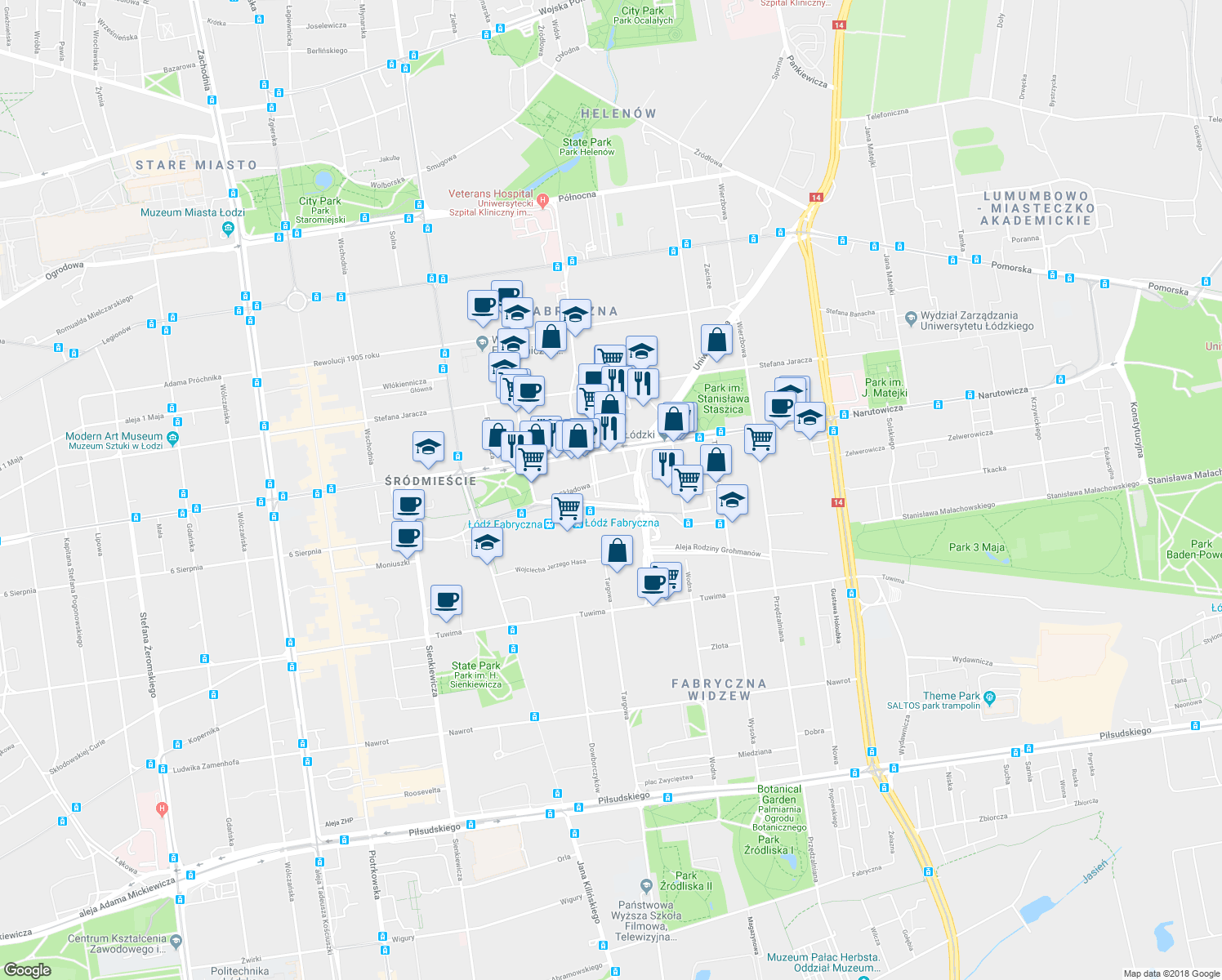 map of restaurants, bars, coffee shops, grocery stores, and more near 35 Składowa in Łódź