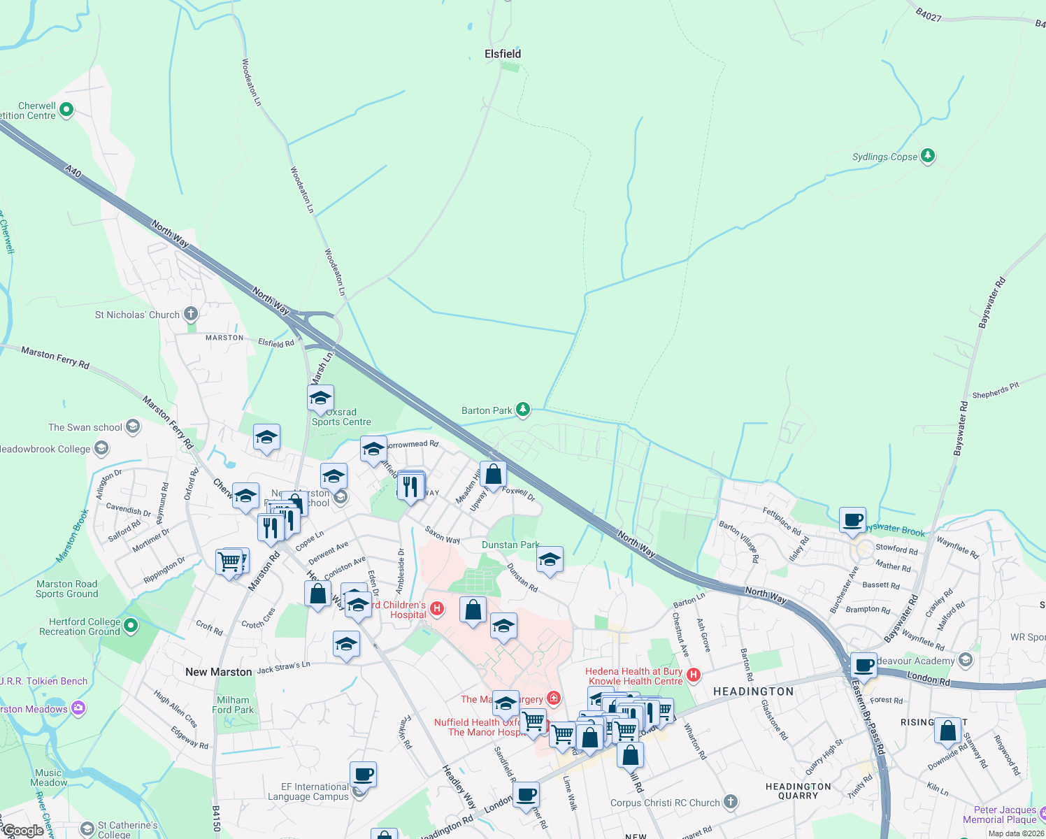 map of restaurants, bars, coffee shops, grocery stores, and more near Barton Fields Road in Oxfordshire
