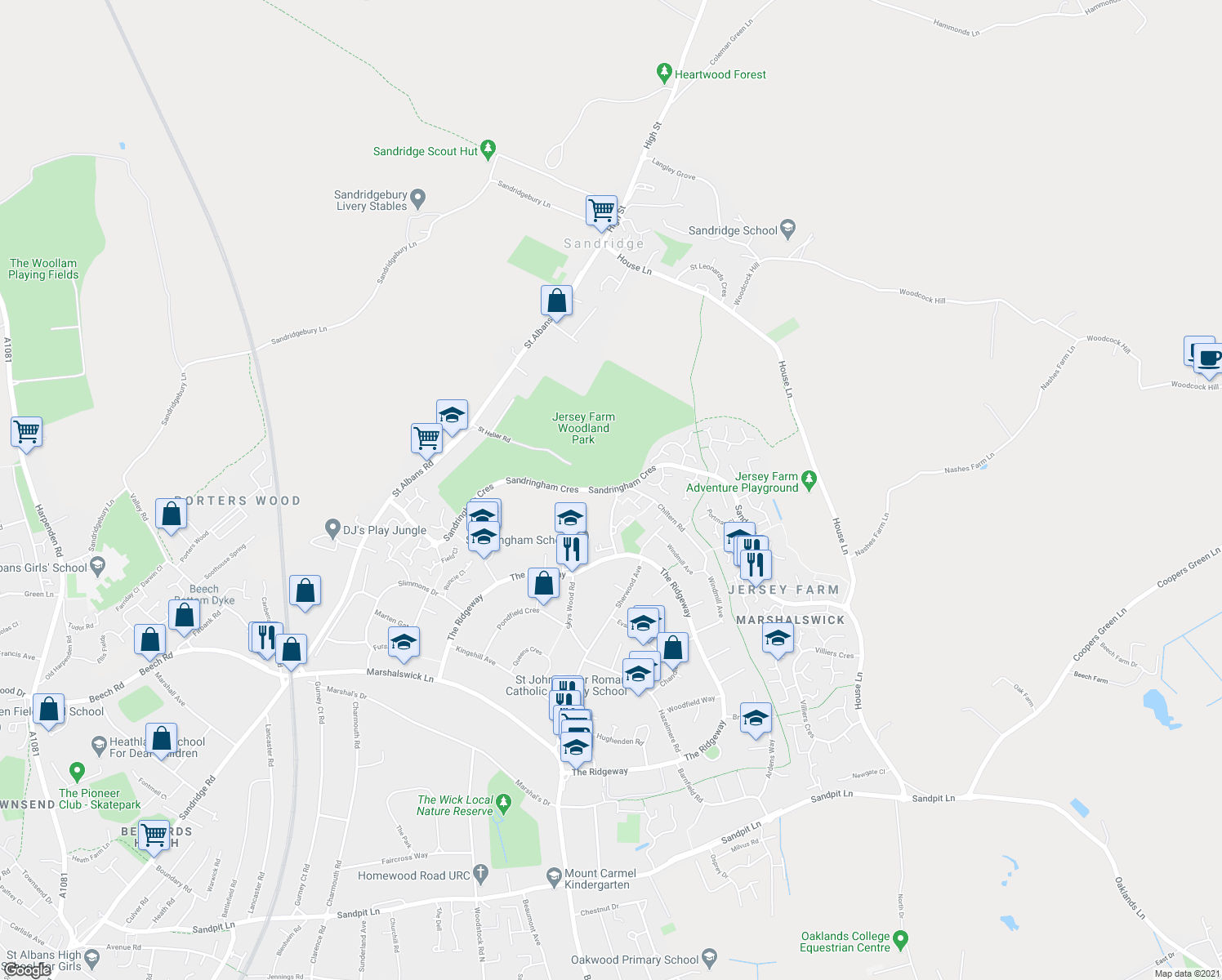 map of restaurants, bars, coffee shops, grocery stores, and more near Sandringham Crescent in Hertfordshire