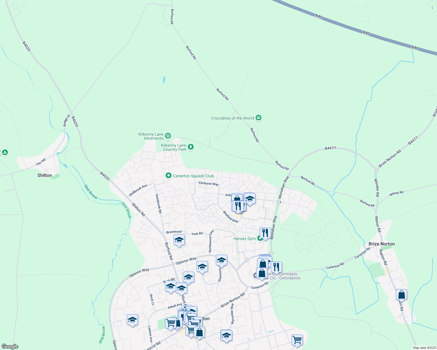 map of restaurants, bars, coffee shops, grocery stores, and more near Park Lane in Oxfordshire