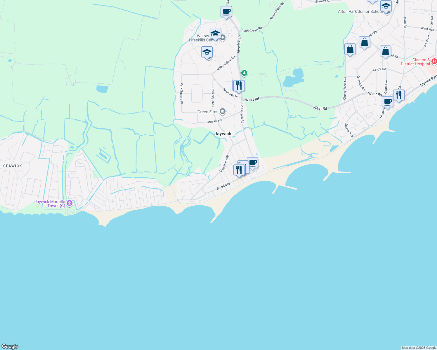 map of restaurants, bars, coffee shops, grocery stores, and more near 127 Meadow Way in Jaywick