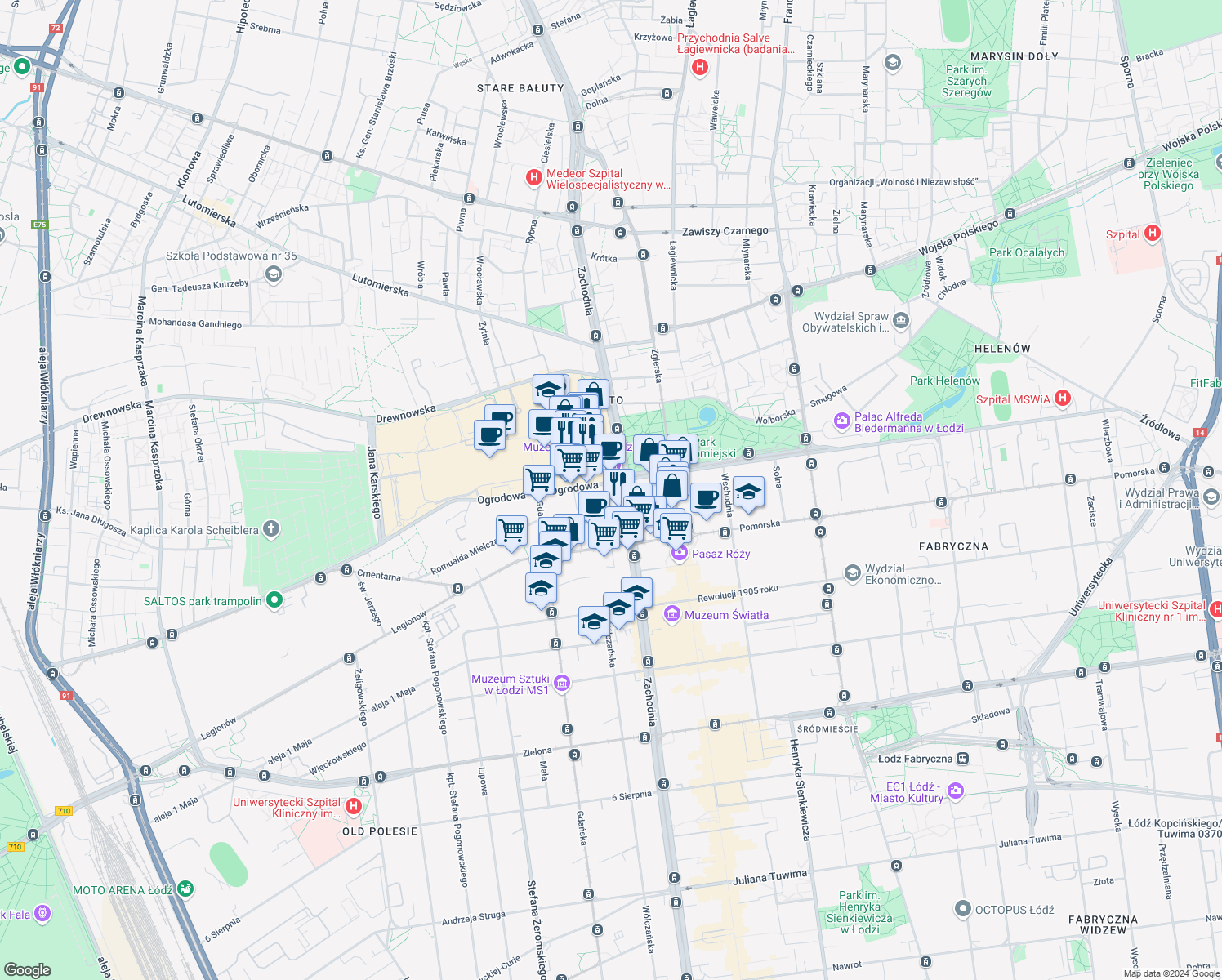 map of restaurants, bars, coffee shops, grocery stores, and more near 16 Ogrodowa in Łódź