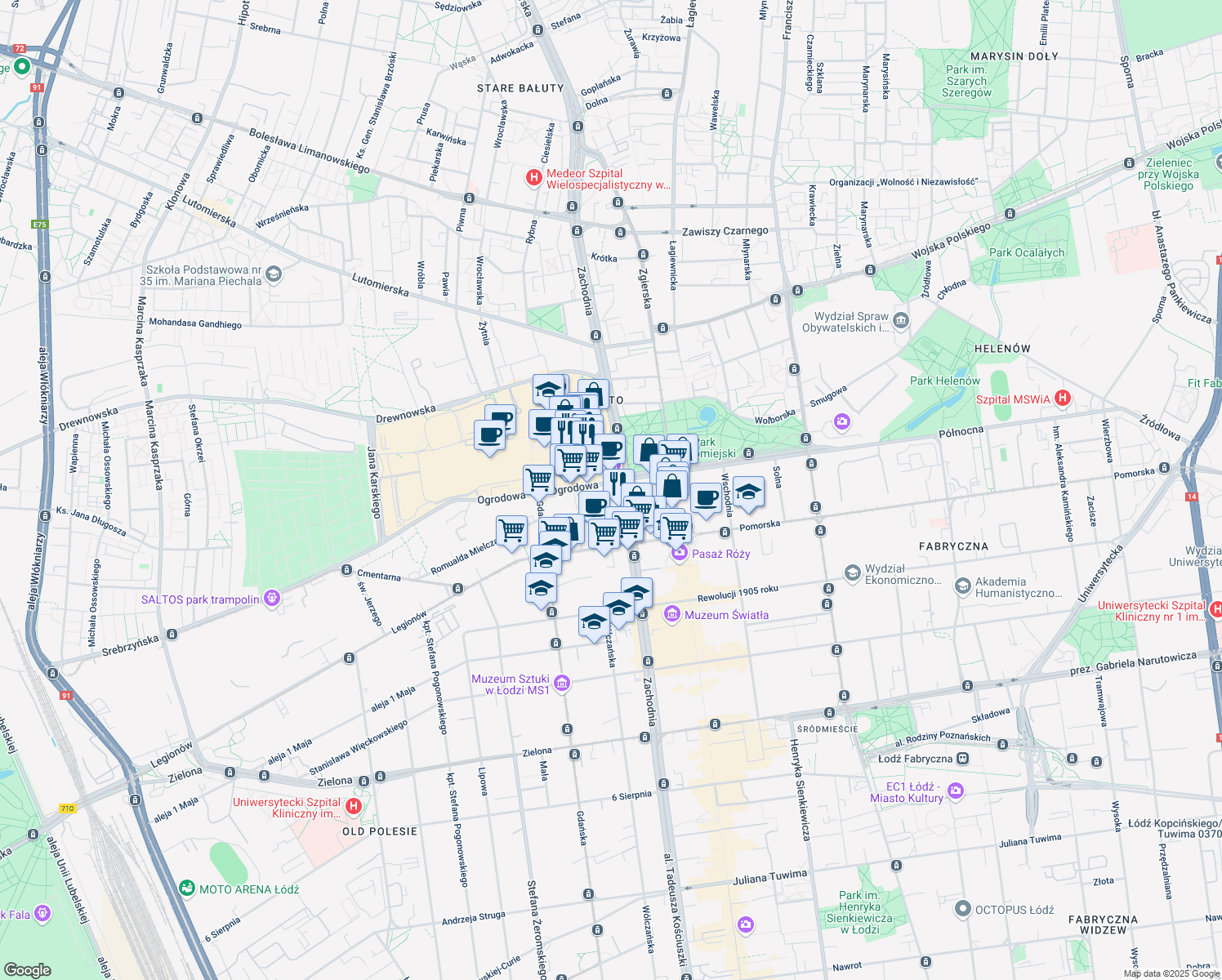 map of restaurants, bars, coffee shops, grocery stores, and more near 16 Ogrodowa in Łódź