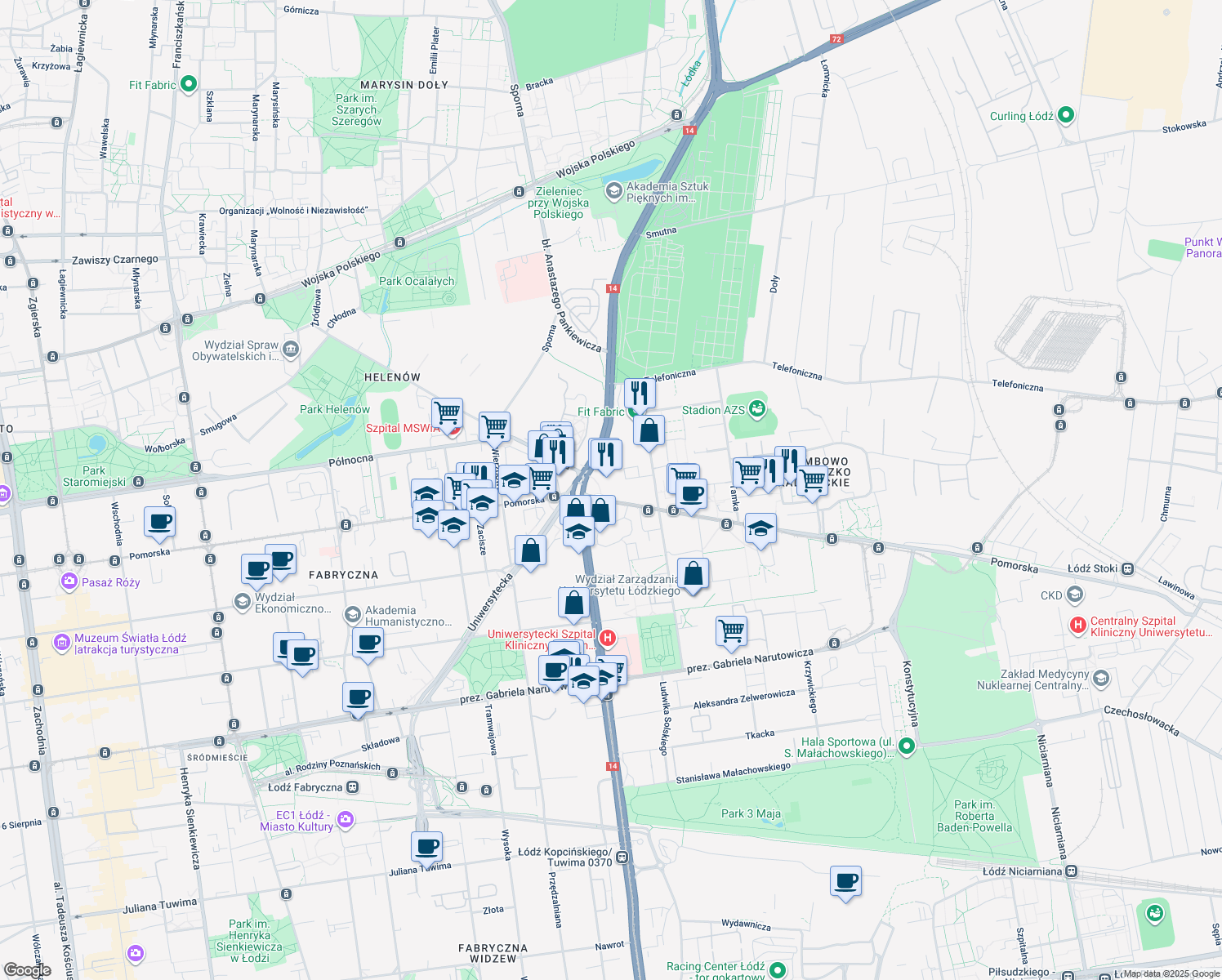 map of restaurants, bars, coffee shops, grocery stores, and more near 106 Pomorska in Lodz