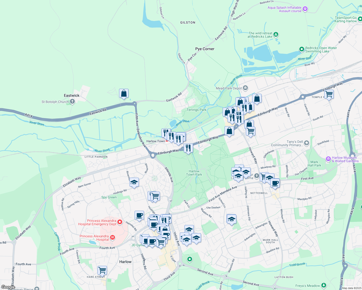map of restaurants, bars, coffee shops, grocery stores, and more near Edinburgh Gate in Harlow