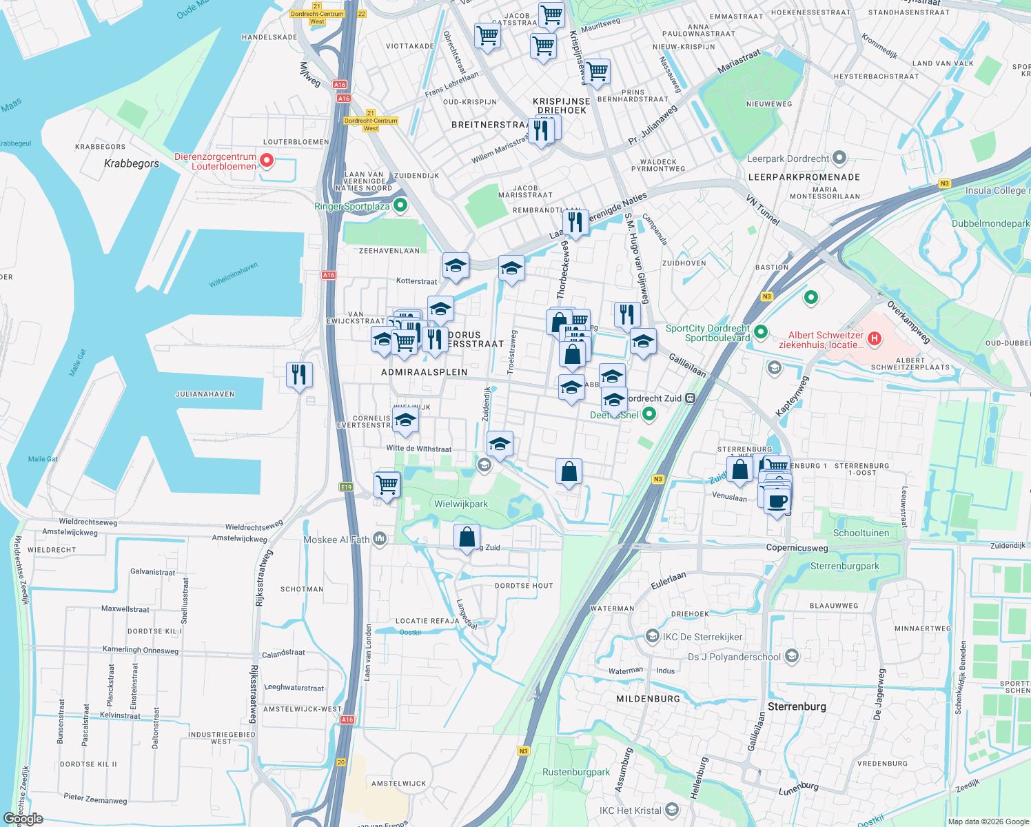 map of restaurants, bars, coffee shops, grocery stores, and more near in Dordrecht