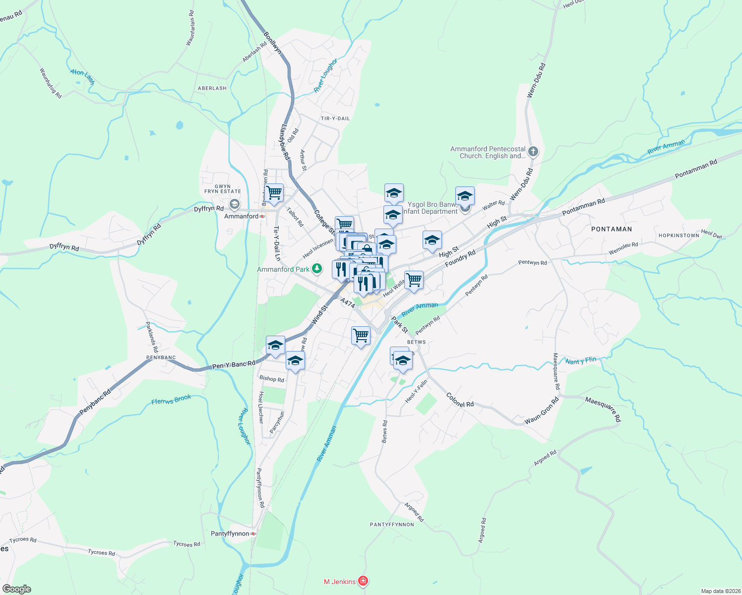 map of restaurants, bars, coffee shops, grocery stores, and more near 47 Quay Street in Carmarthenshire