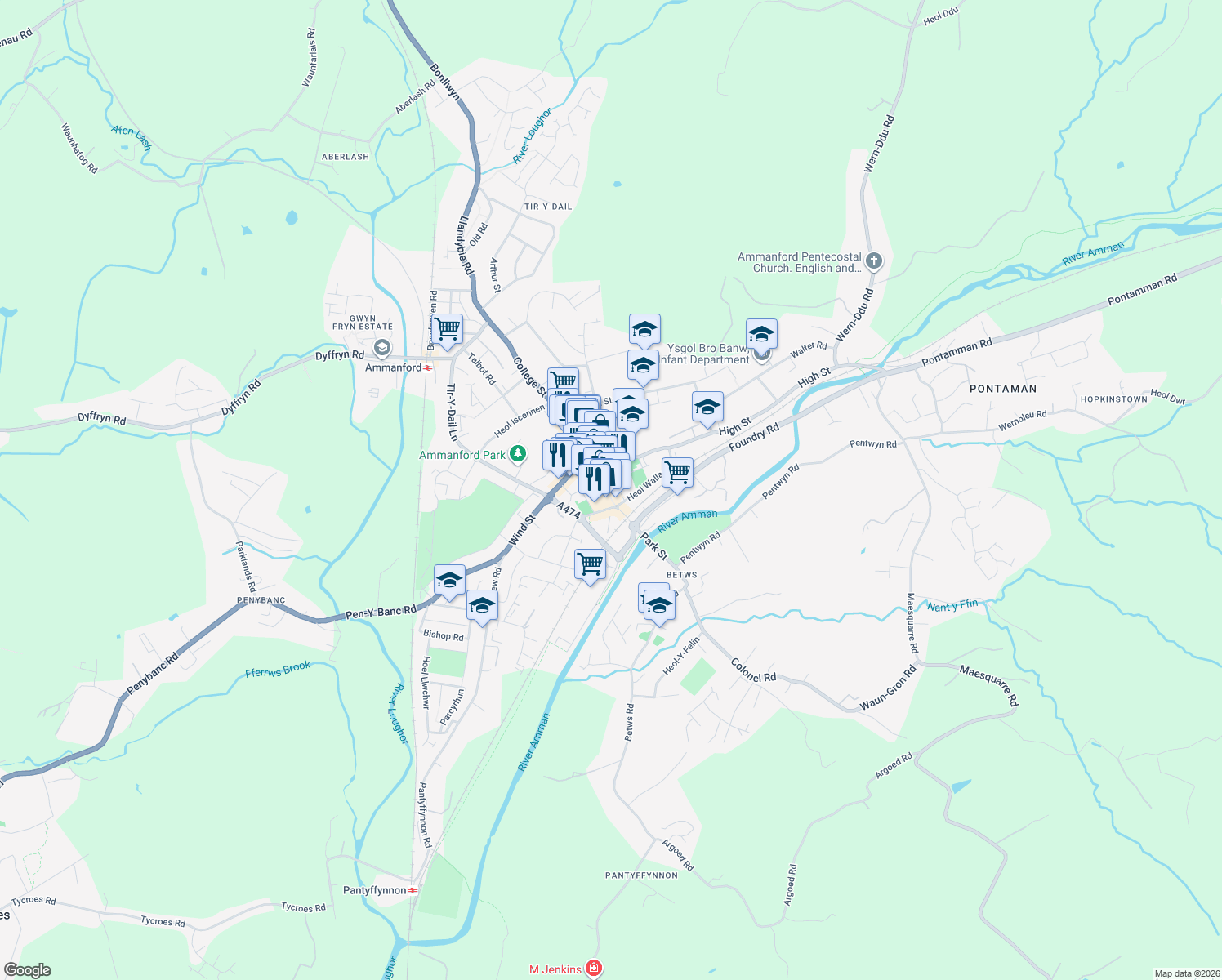 map of restaurants, bars, coffee shops, grocery stores, and more near 47 Quay Street in Ammanford