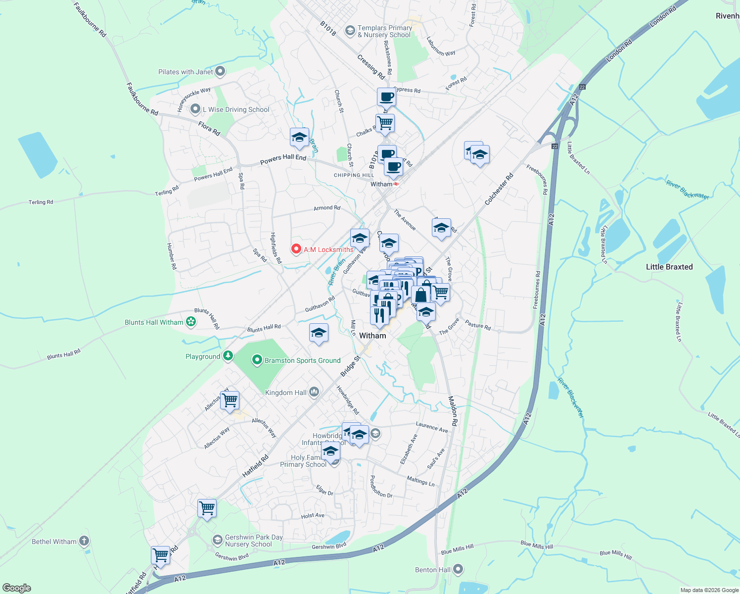 map of restaurants, bars, coffee shops, grocery stores, and more near 21 Guithavon Street in Essex