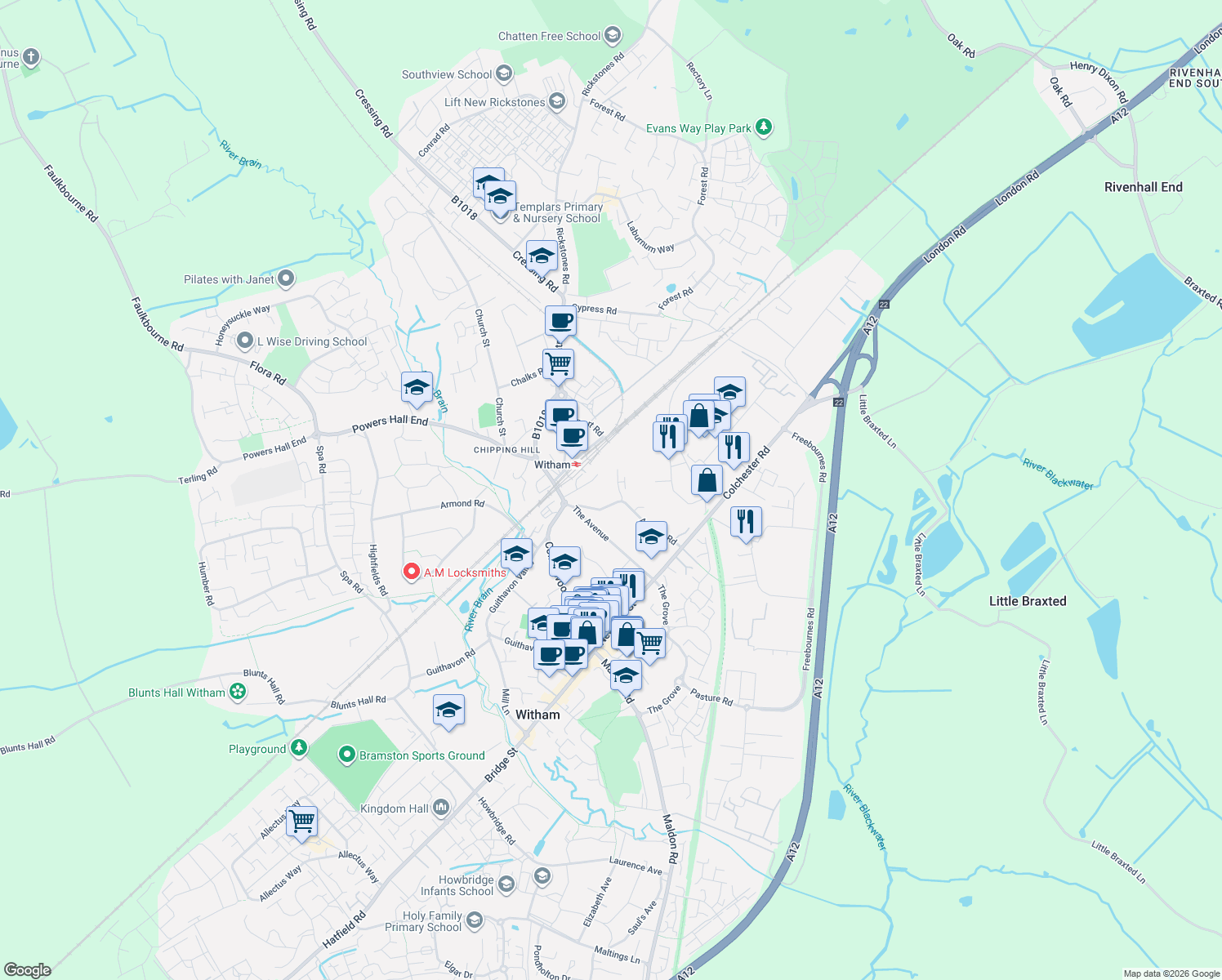 map of restaurants, bars, coffee shops, grocery stores, and more near 1 Enterprise Court in Essex