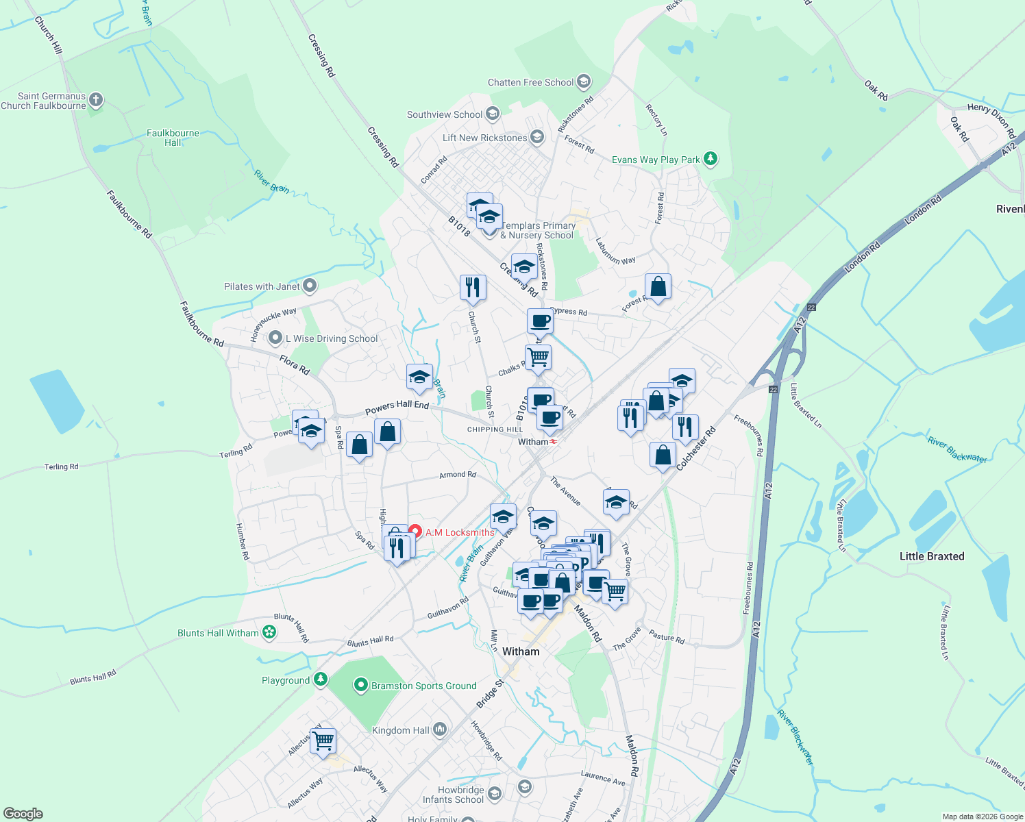 map of restaurants, bars, coffee shops, grocery stores, and more near 21 Bellfield Close in Essex