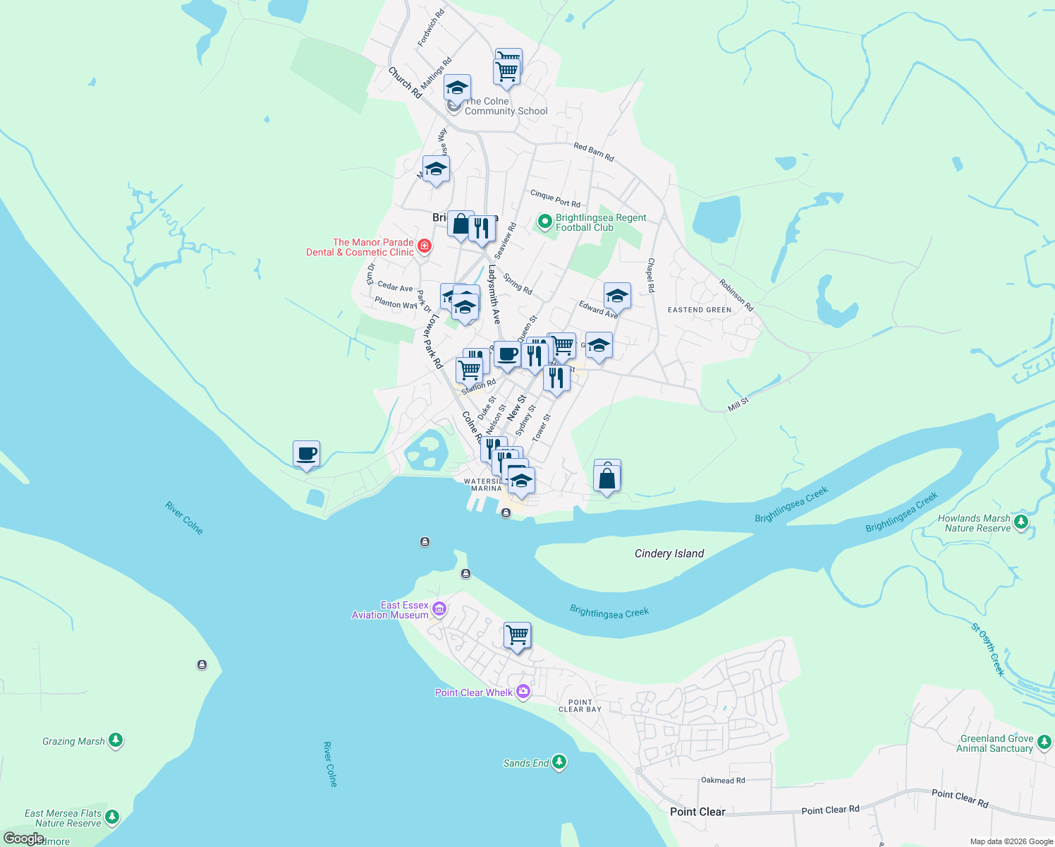 map of restaurants, bars, coffee shops, grocery stores, and more near 79 Sydney Street in Brightlingsea