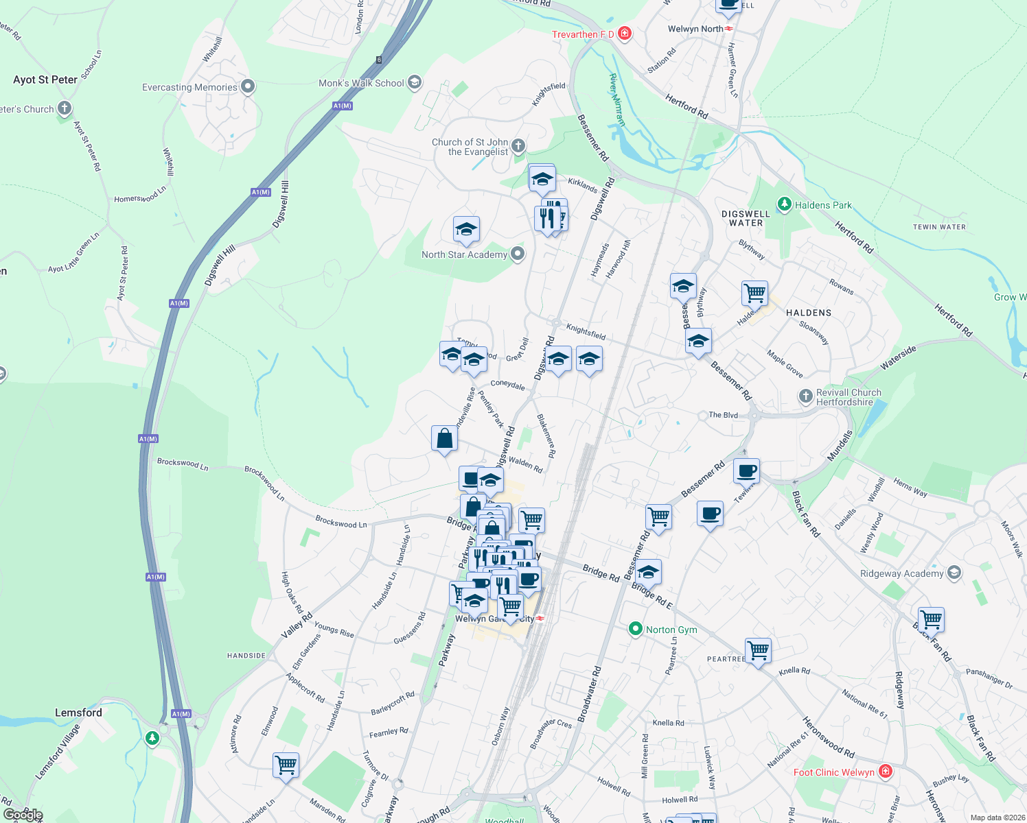 map of restaurants, bars, coffee shops, grocery stores, and more near Digswell Road in Hertfordshire