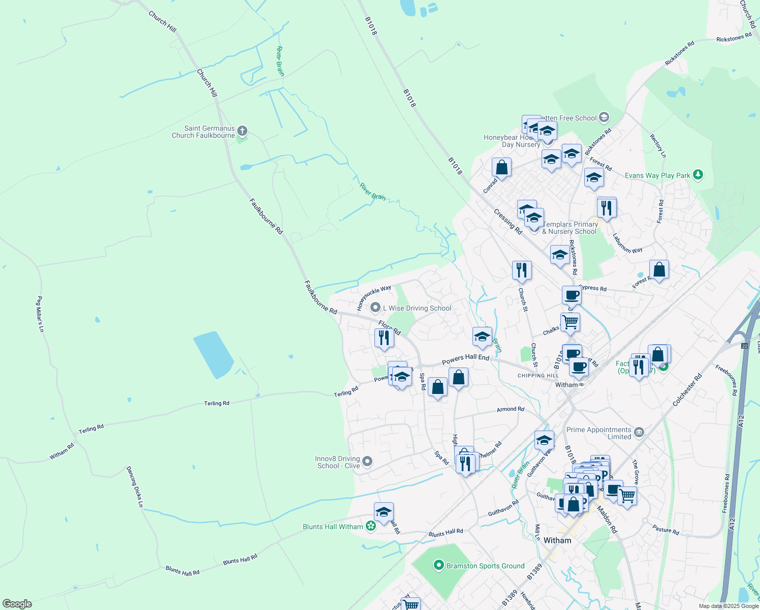 map of restaurants, bars, coffee shops, grocery stores, and more near 1 Bryony Close in Essex