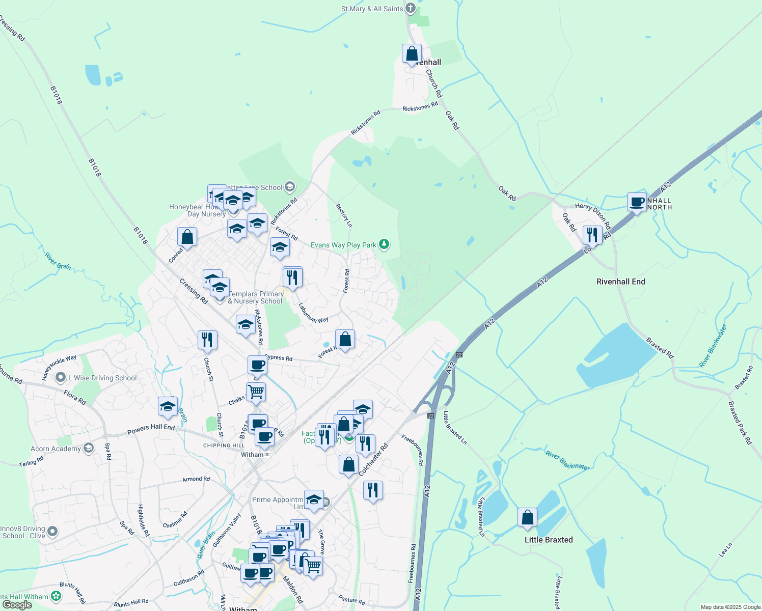 map of restaurants, bars, coffee shops, grocery stores, and more near Newman Crescent in Essex