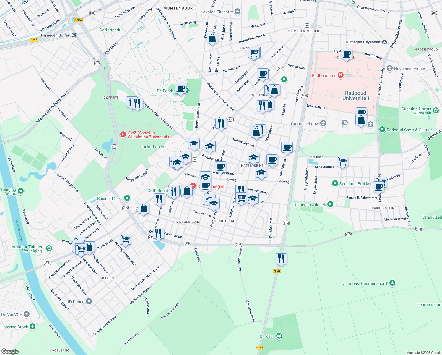 map of restaurants, bars, coffee shops, grocery stores, and more near 85 Libellenstraat in Nijmegen