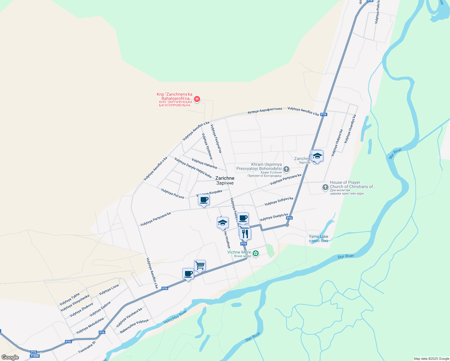 map of restaurants, bars, coffee shops, grocery stores, and more near in Zarichne