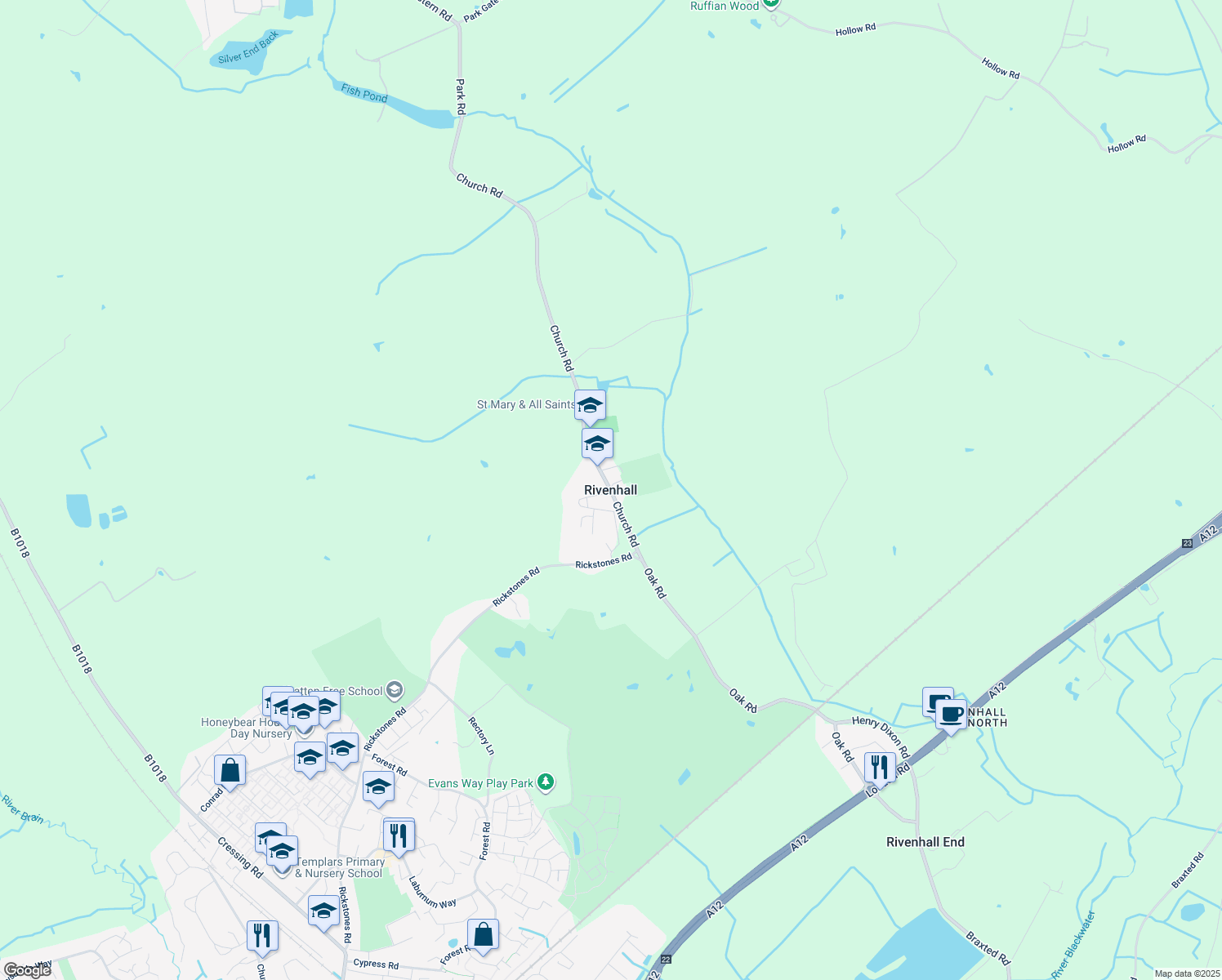 map of restaurants, bars, coffee shops, grocery stores, and more near Newman Crescent in Essex