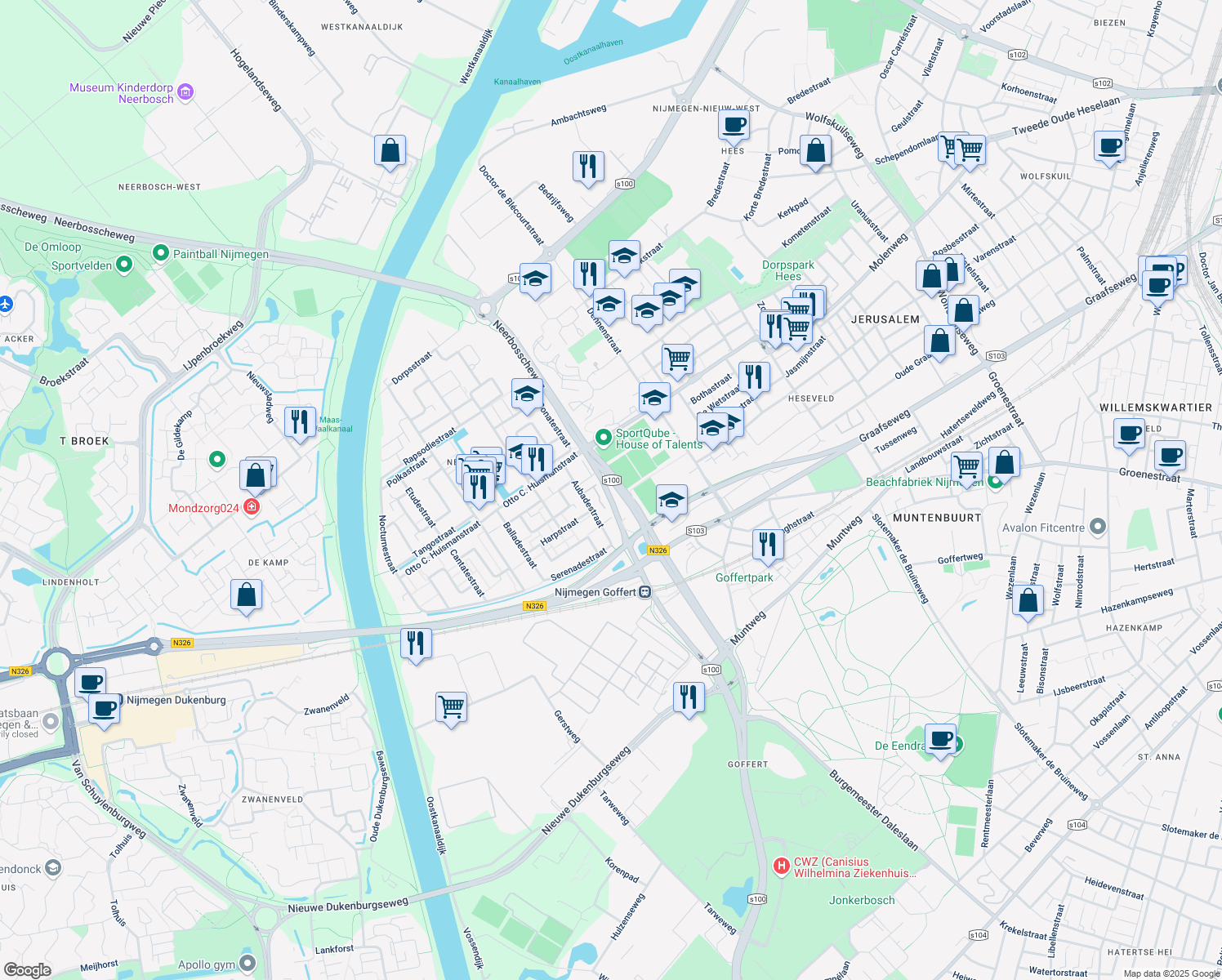 map of restaurants, bars, coffee shops, grocery stores, and more near 614 Neerbosscheweg in Nijmegen