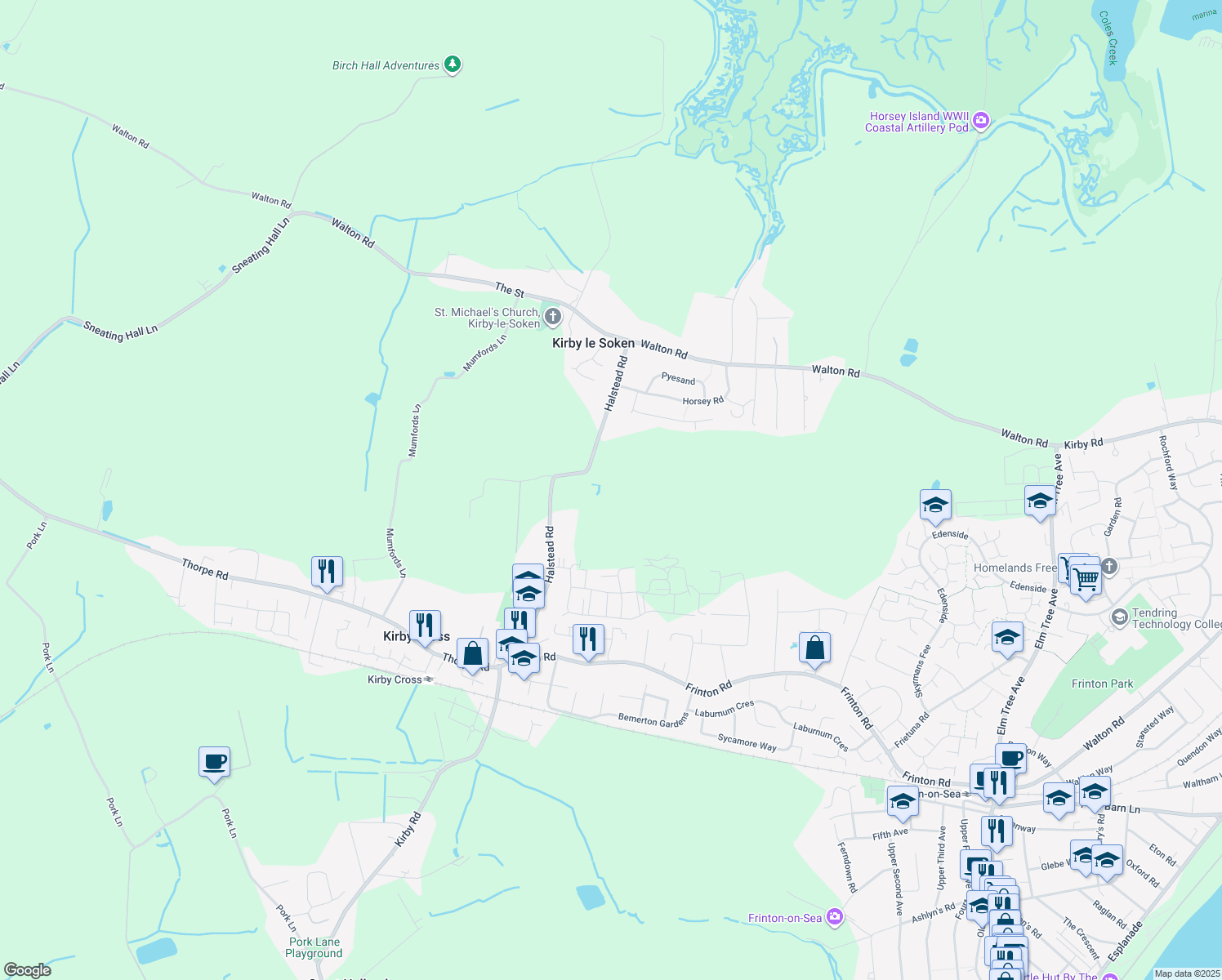 map of restaurants, bars, coffee shops, grocery stores, and more near Halstead Road in Kirby Cross