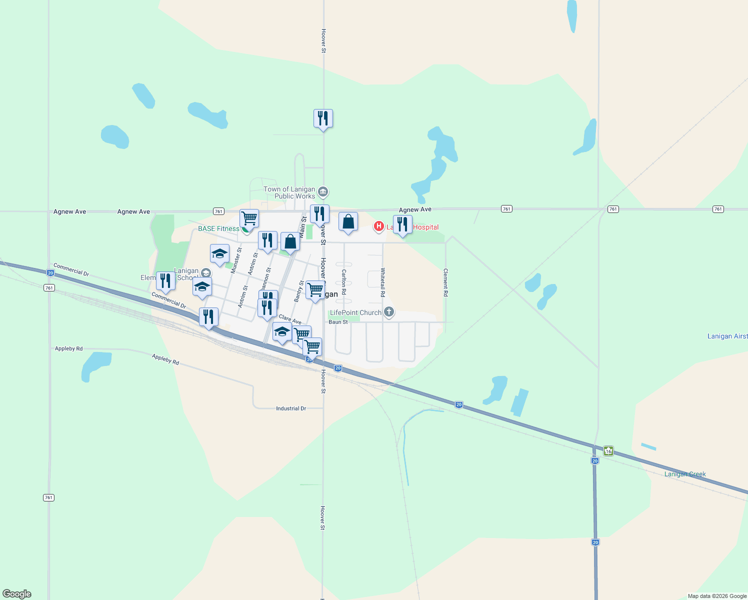 map of restaurants, bars, coffee shops, grocery stores, and more near 11 Balsam Place in Lanigan