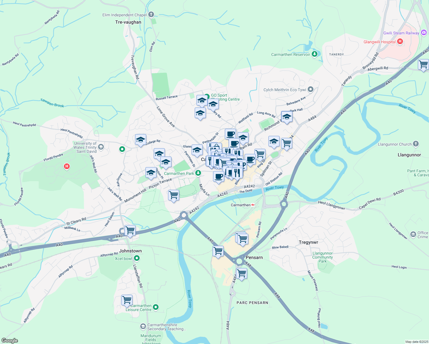 map of restaurants, bars, coffee shops, grocery stores, and more near in Carmarthenshire
