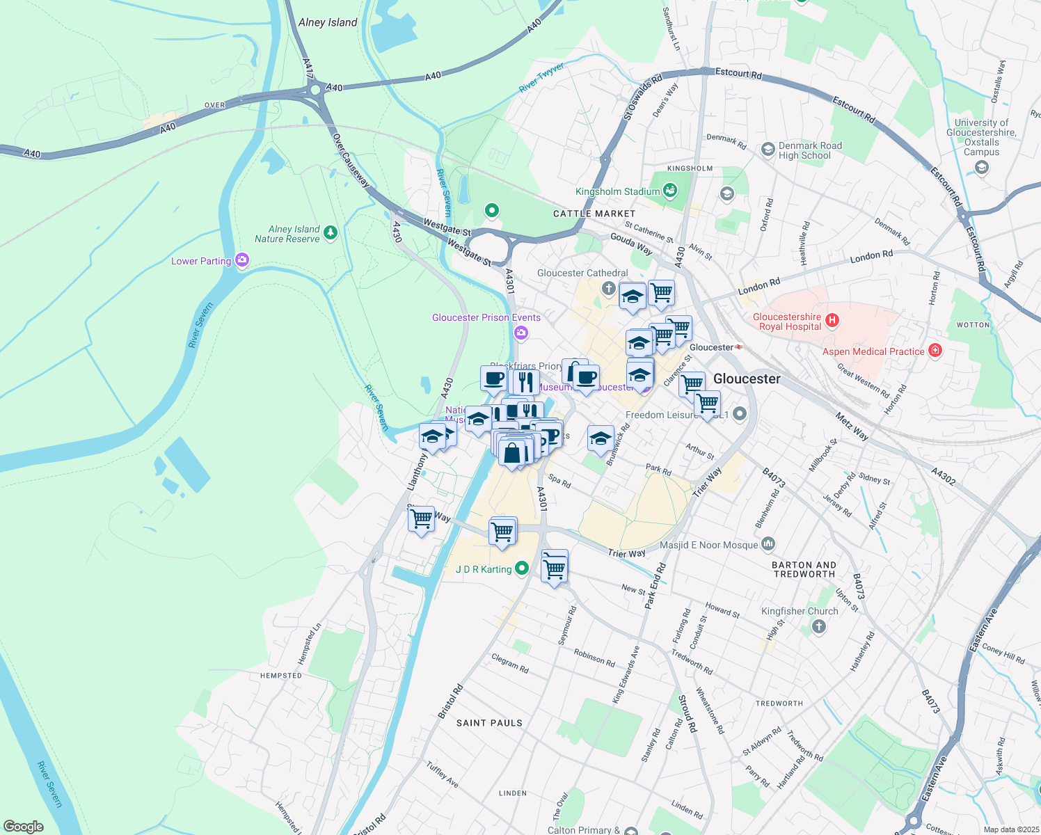 map of restaurants, bars, coffee shops, grocery stores, and more near in Gloucestershire