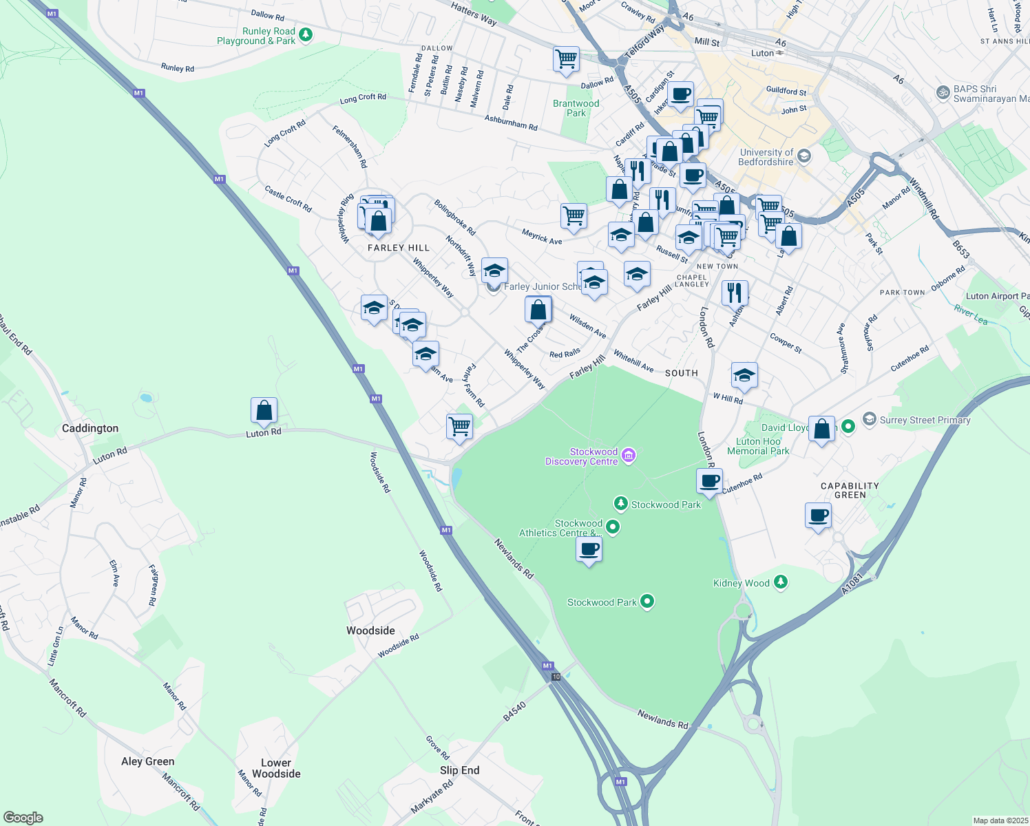 map of restaurants, bars, coffee shops, grocery stores, and more near Farley Hill in Luton
