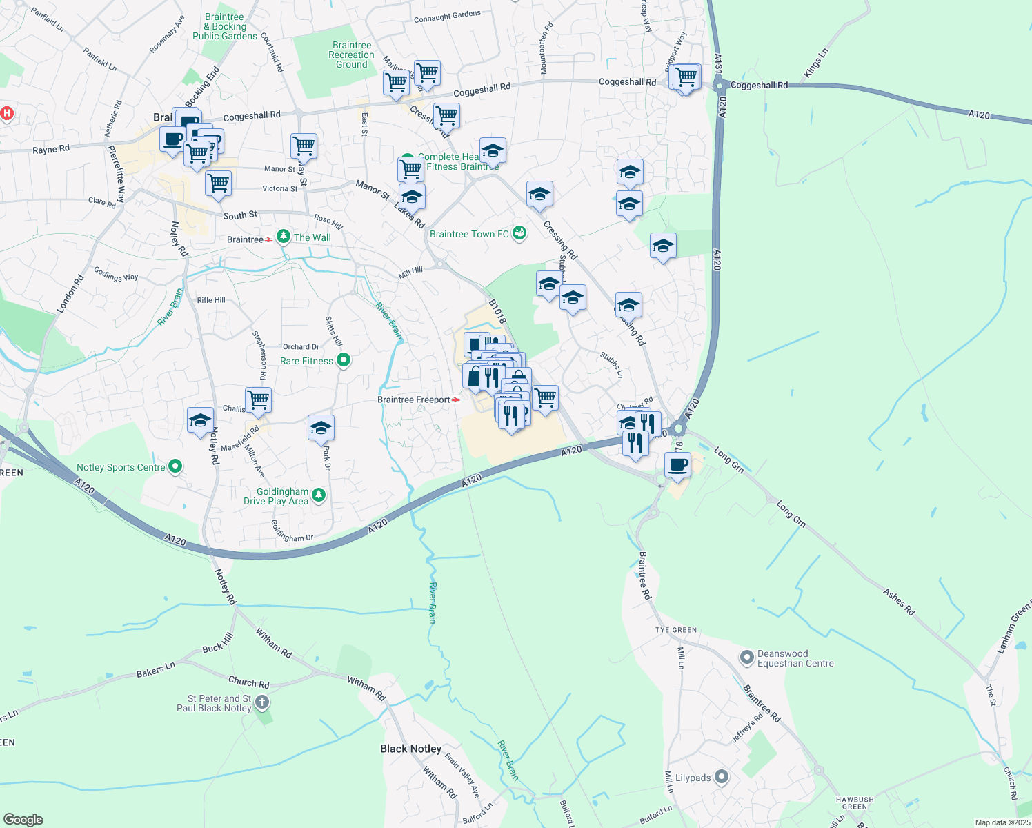 map of restaurants, bars, coffee shops, grocery stores, and more near Charter Way in Essex