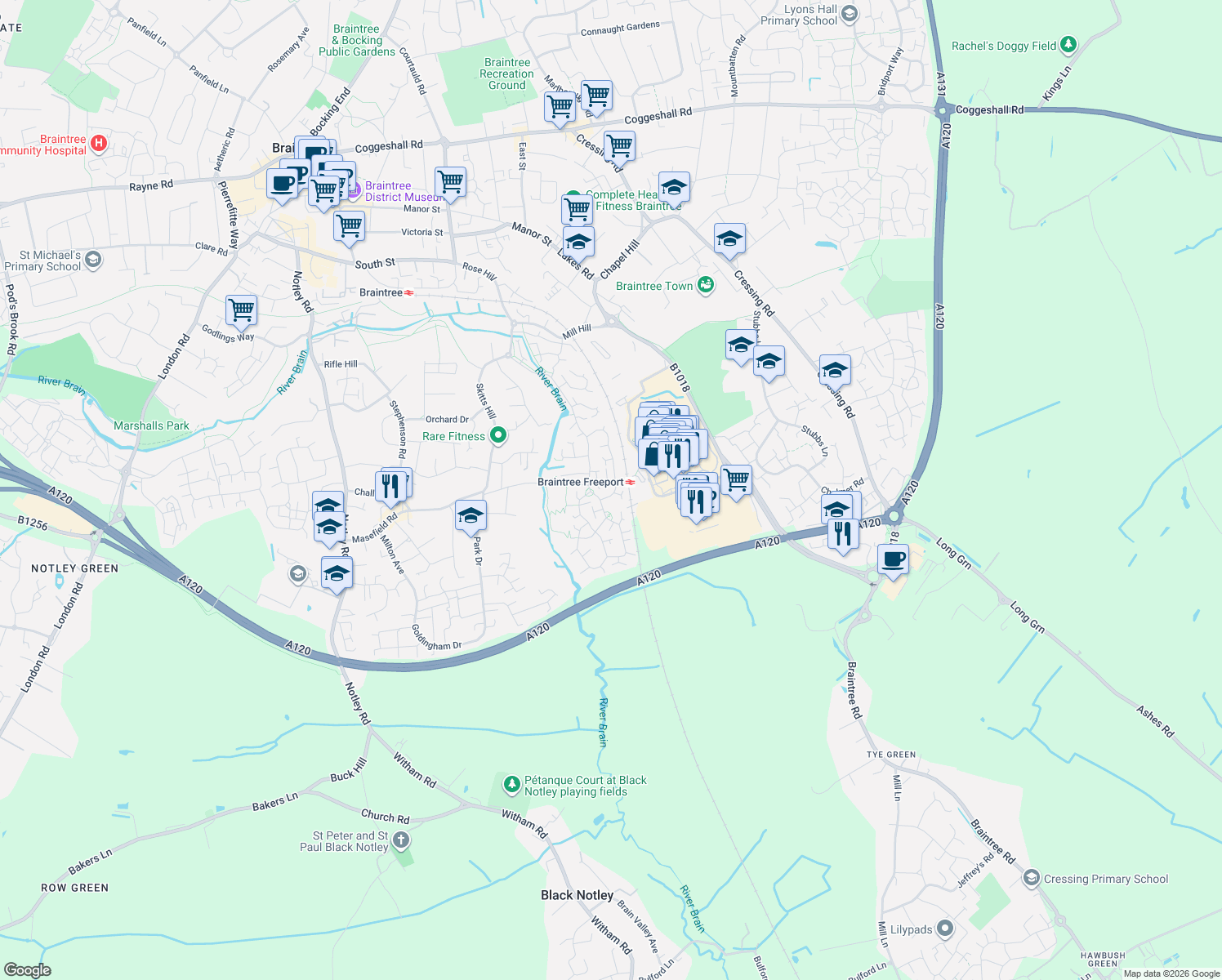 map of restaurants, bars, coffee shops, grocery stores, and more near 66 Rushmoor Drive in Essex