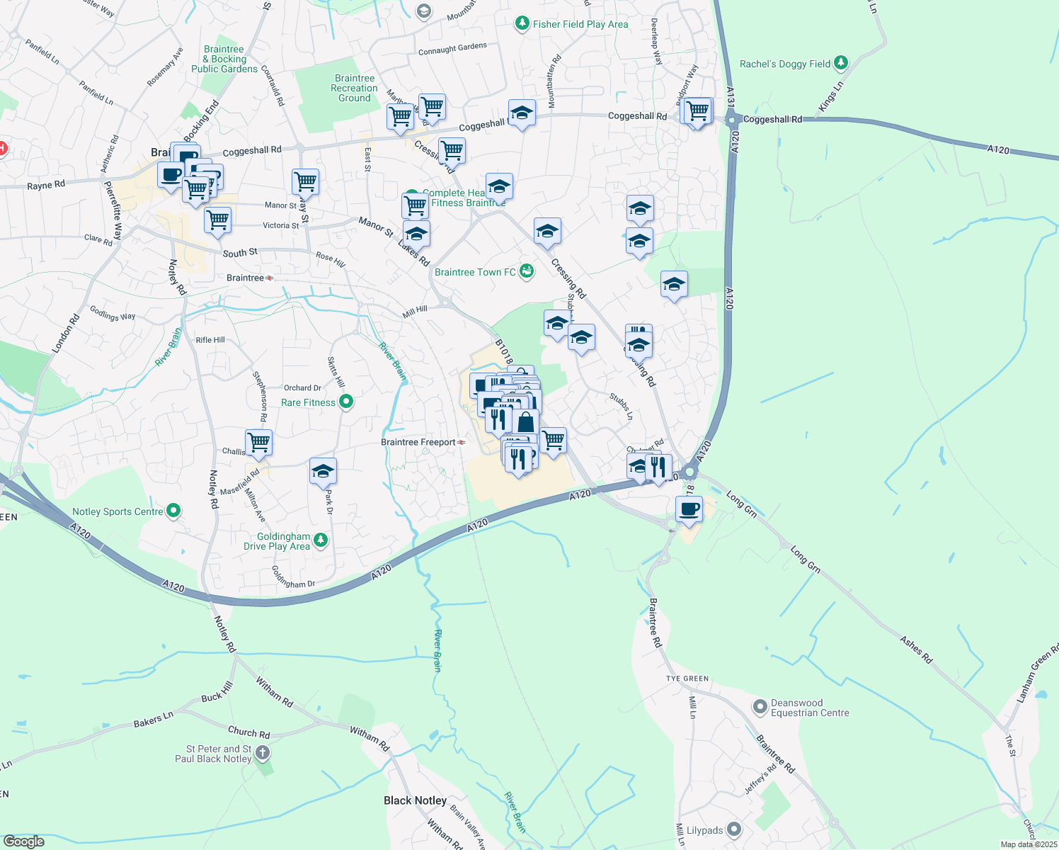 map of restaurants, bars, coffee shops, grocery stores, and more near Charter Way in Essex
