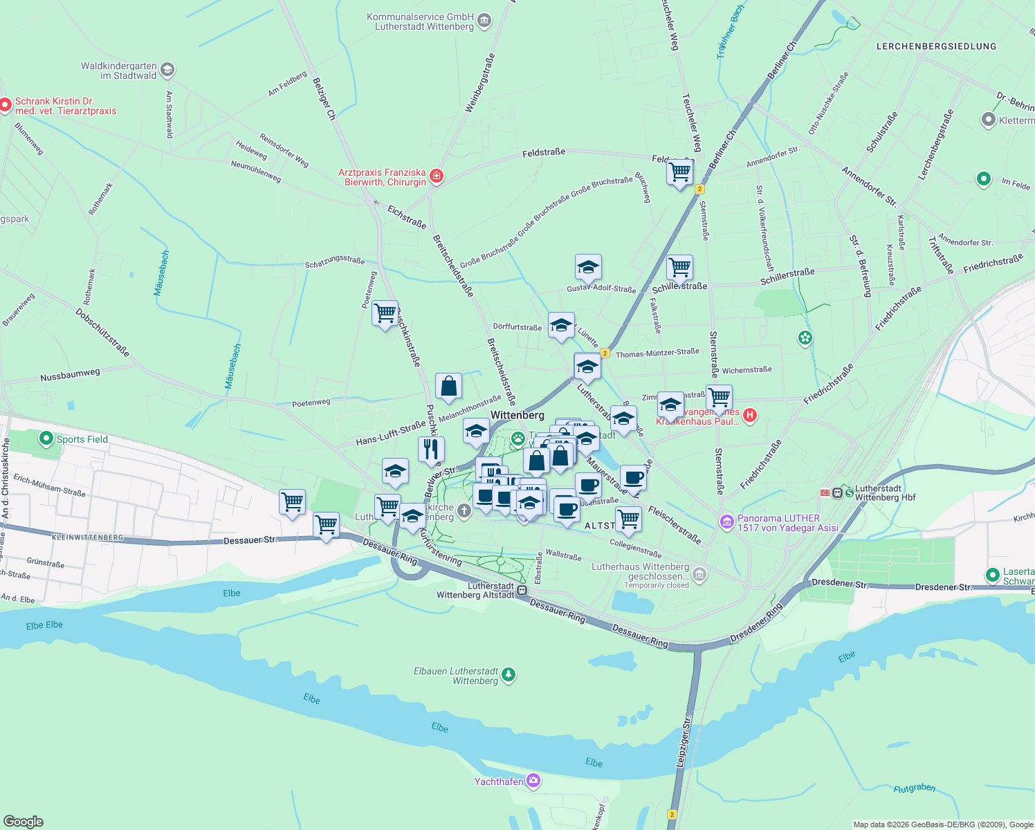 map of restaurants, bars, coffee shops, grocery stores, and more near in Wittenberg