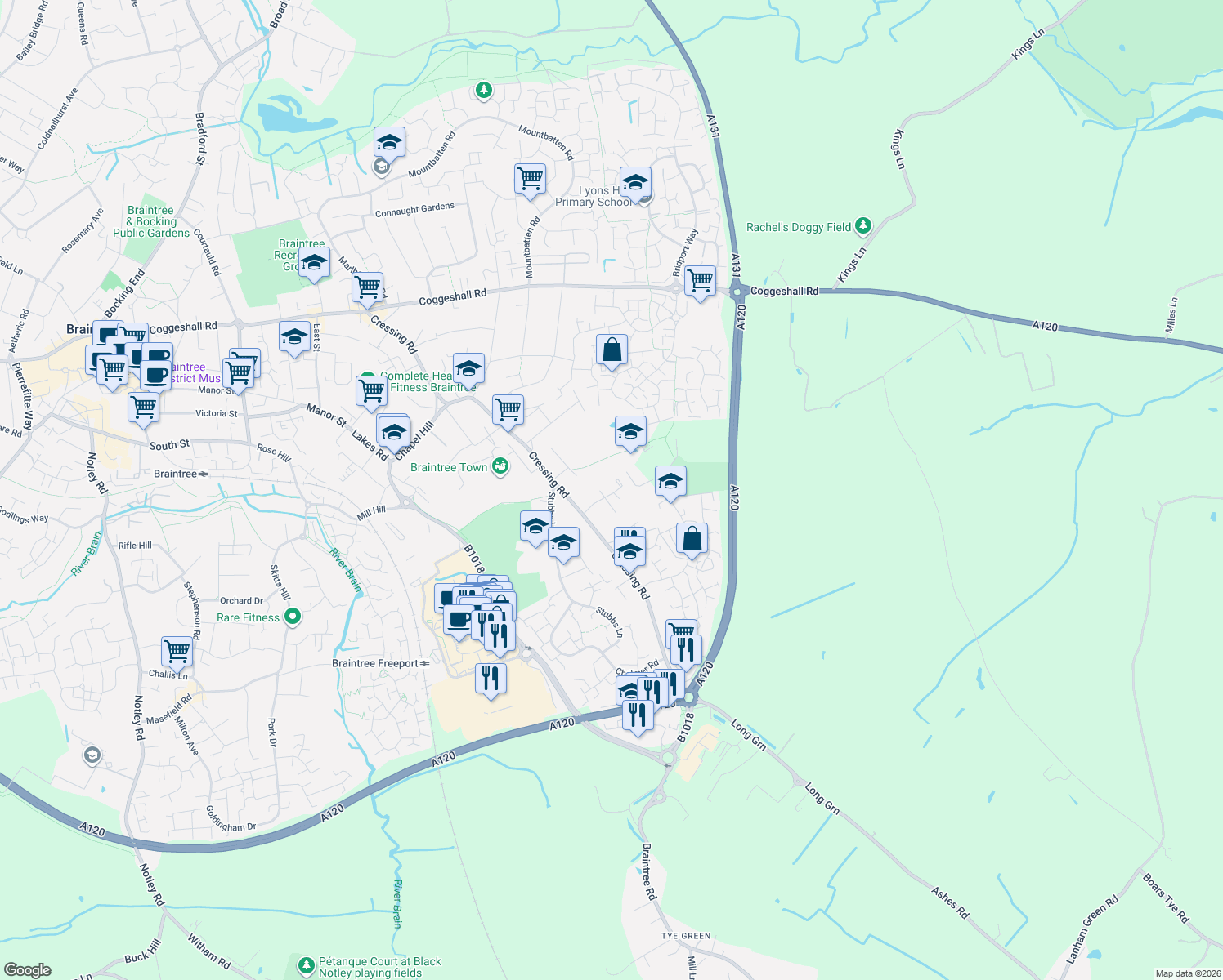 map of restaurants, bars, coffee shops, grocery stores, and more near 35 Leywood Close in Essex